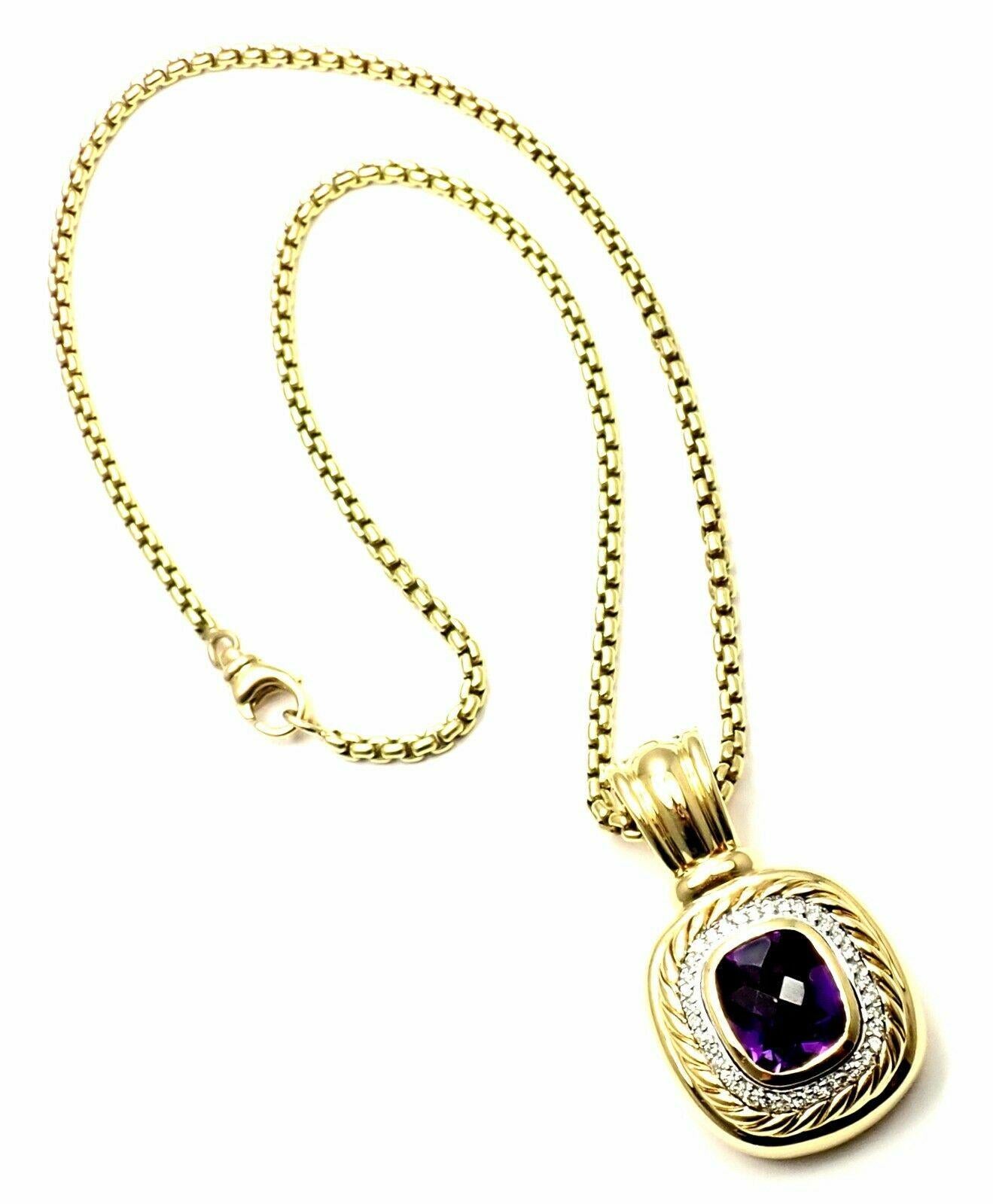 David Yurman Diamond Amethyst Large Cable Pendant Chain Yellow Gold Necklace For Sale 3