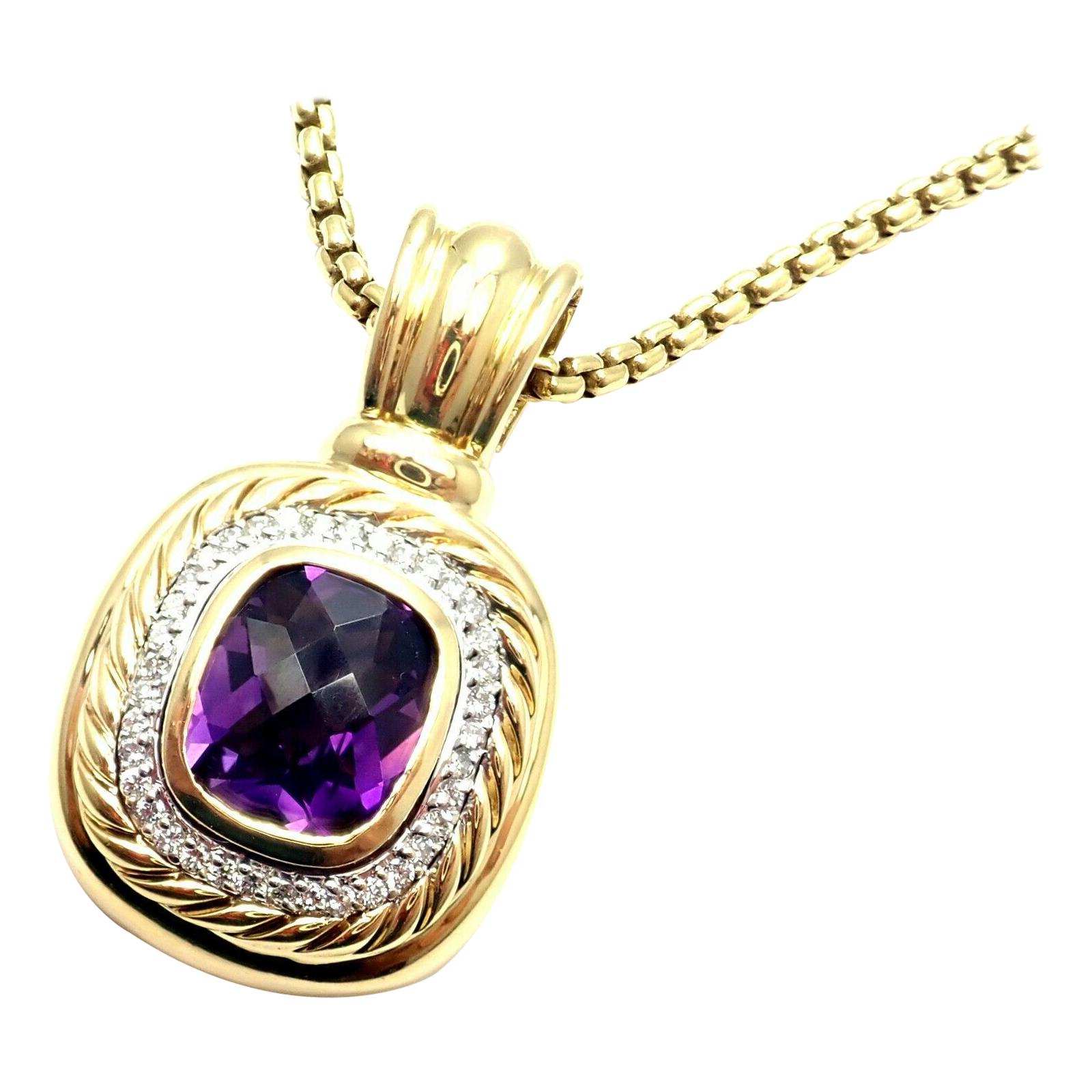 David Yurman Diamond Amethyst Large Cable Pendant Chain Yellow Gold Necklace For Sale