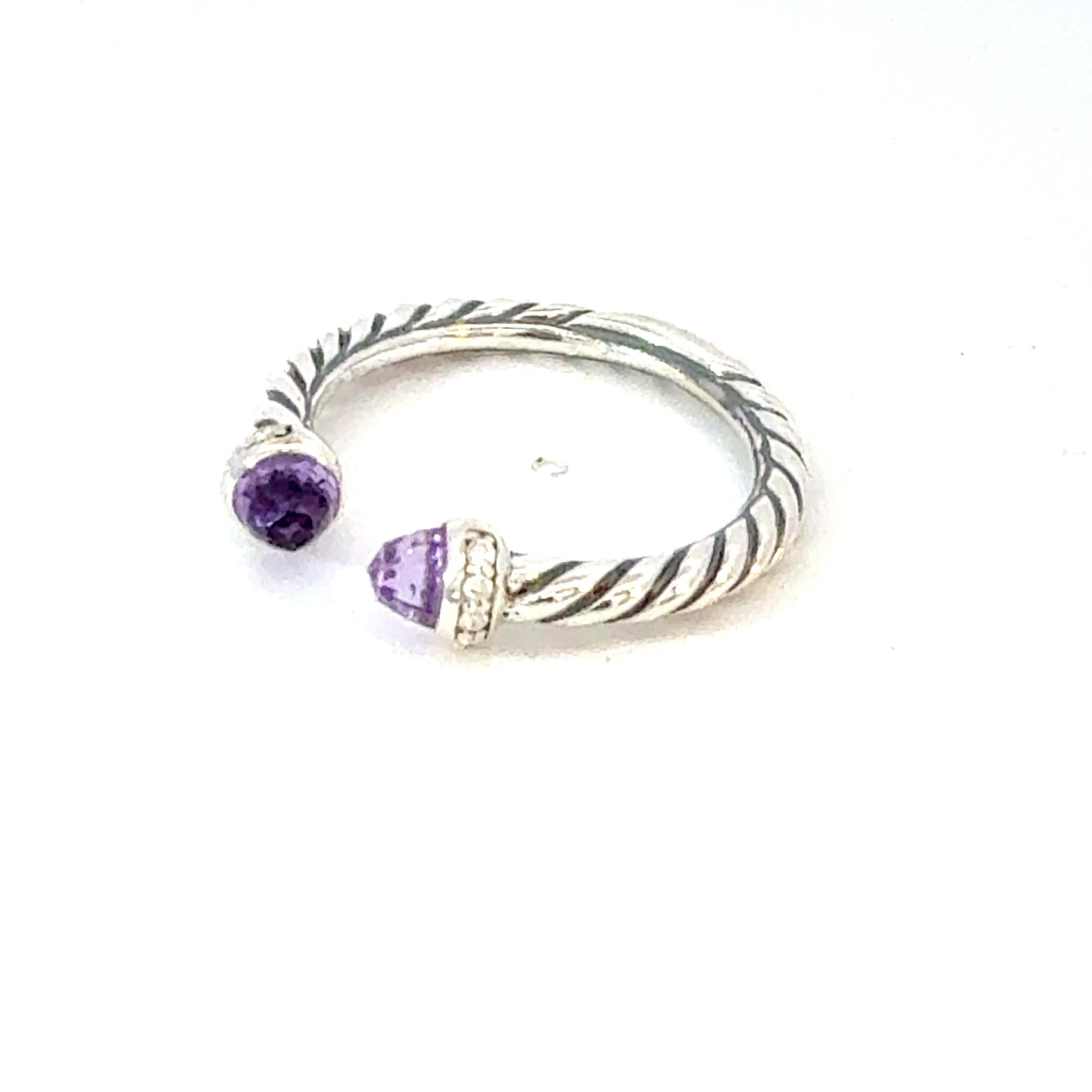 David Yurman Diamond Amethyst Ring Size 7.5 Sterling Silver Estate In Good Condition In Brooklyn, NY