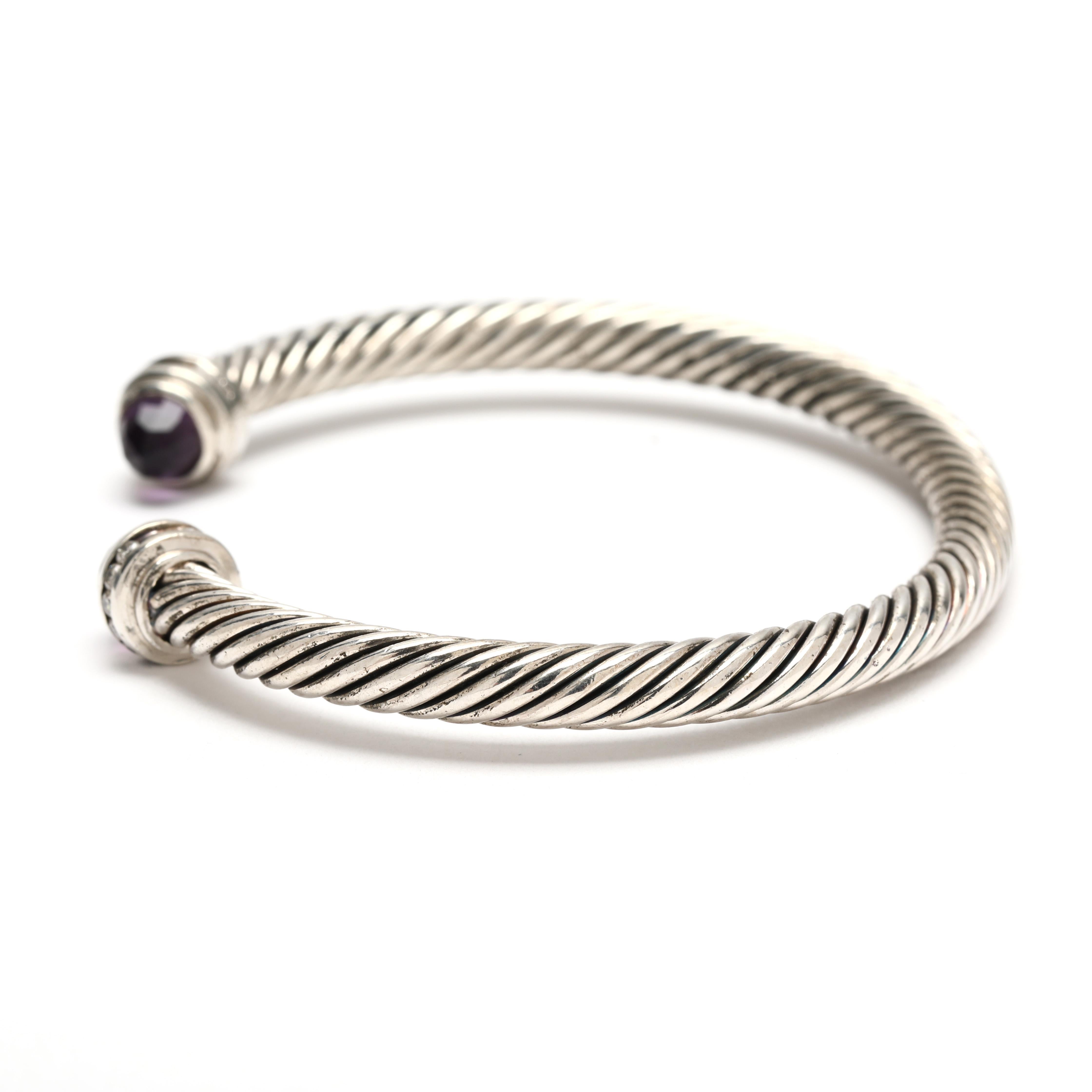 David Yurman Bracciale con diamanti e ametista, A. Silver, lunghezza 6,38 pollici In condizioni buone in vendita a McLeansville, NC