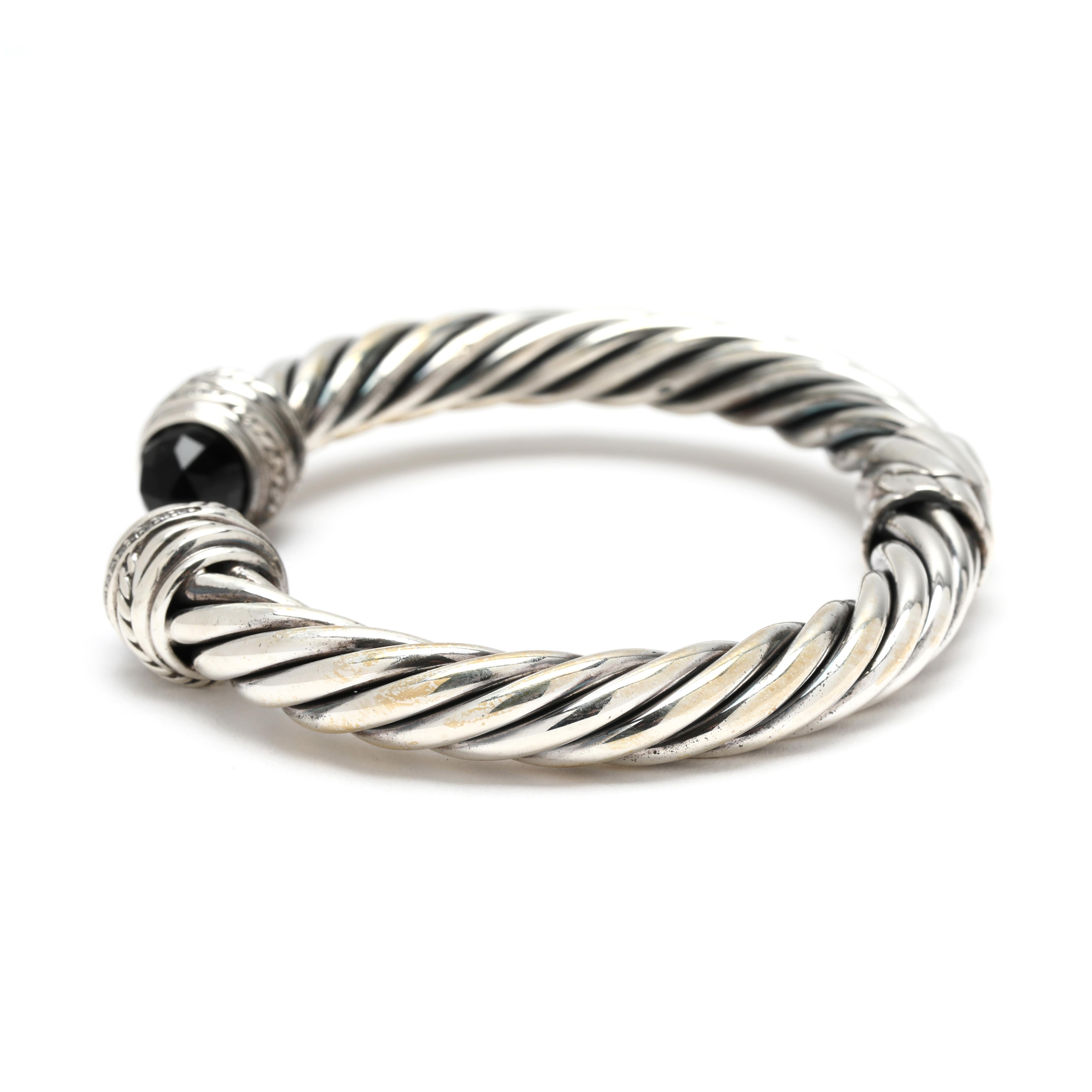 David Yurman Bracciale con diamanti e onice nera, A. Silver, lunghezza 7