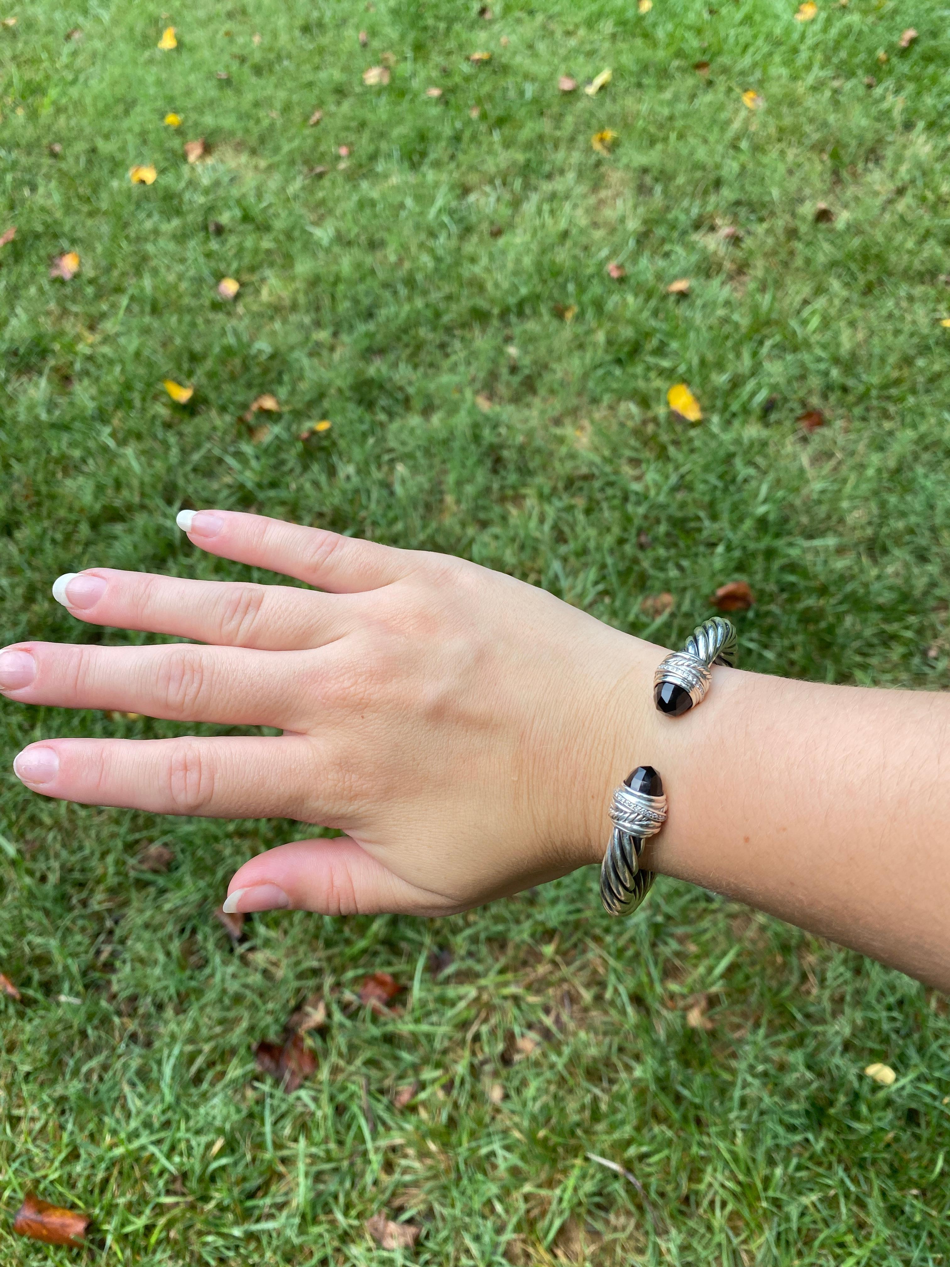 Women's or Men's David Yurman Diamond and Black Onyx Cuff Bracelet, Sterling Silver, Length 7 In For Sale