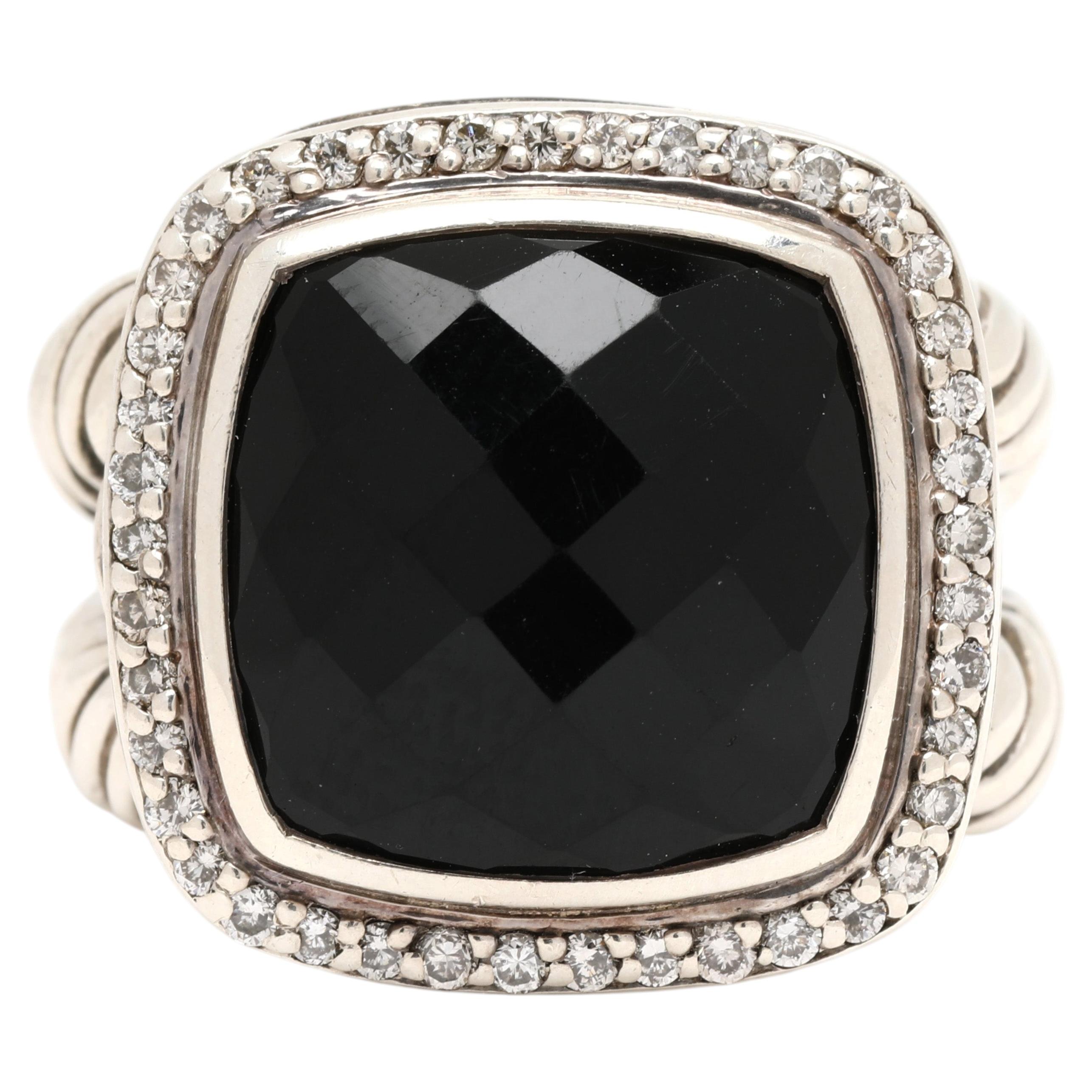David Yurman Diamond and Black Onyx Statement Ring, Sterling Silver, Size 6.5 For Sale