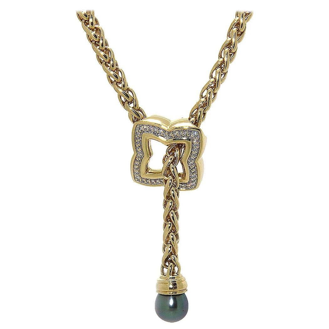 David Yurman Diamond and Pearl Quatrefoil Lariat Necklace in 18K For Sale