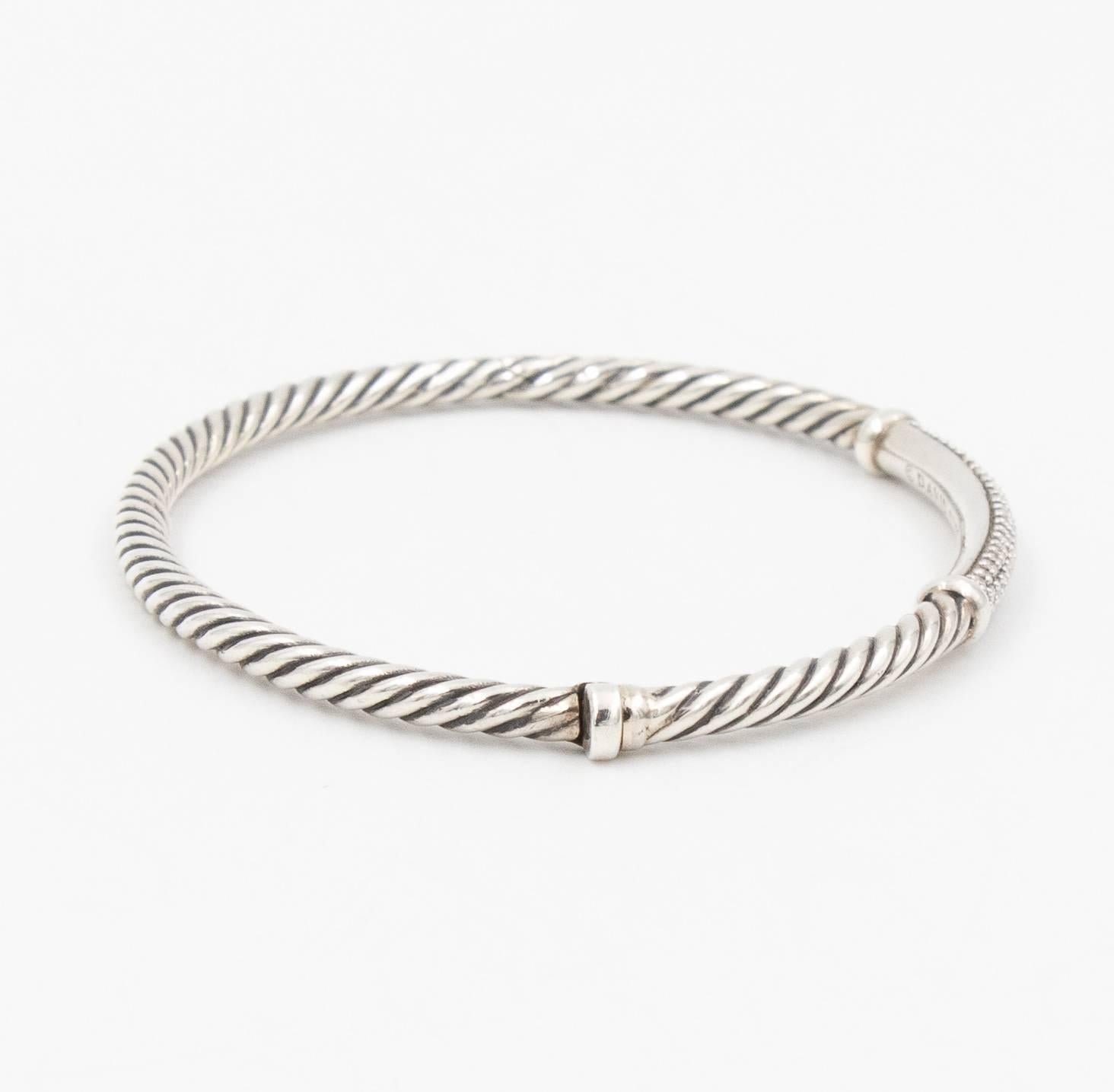 David Yurman Diamond Bar Bracelet, Cable Wrap Design, Silver 0.37 Carat In New Condition In Carmel, IN