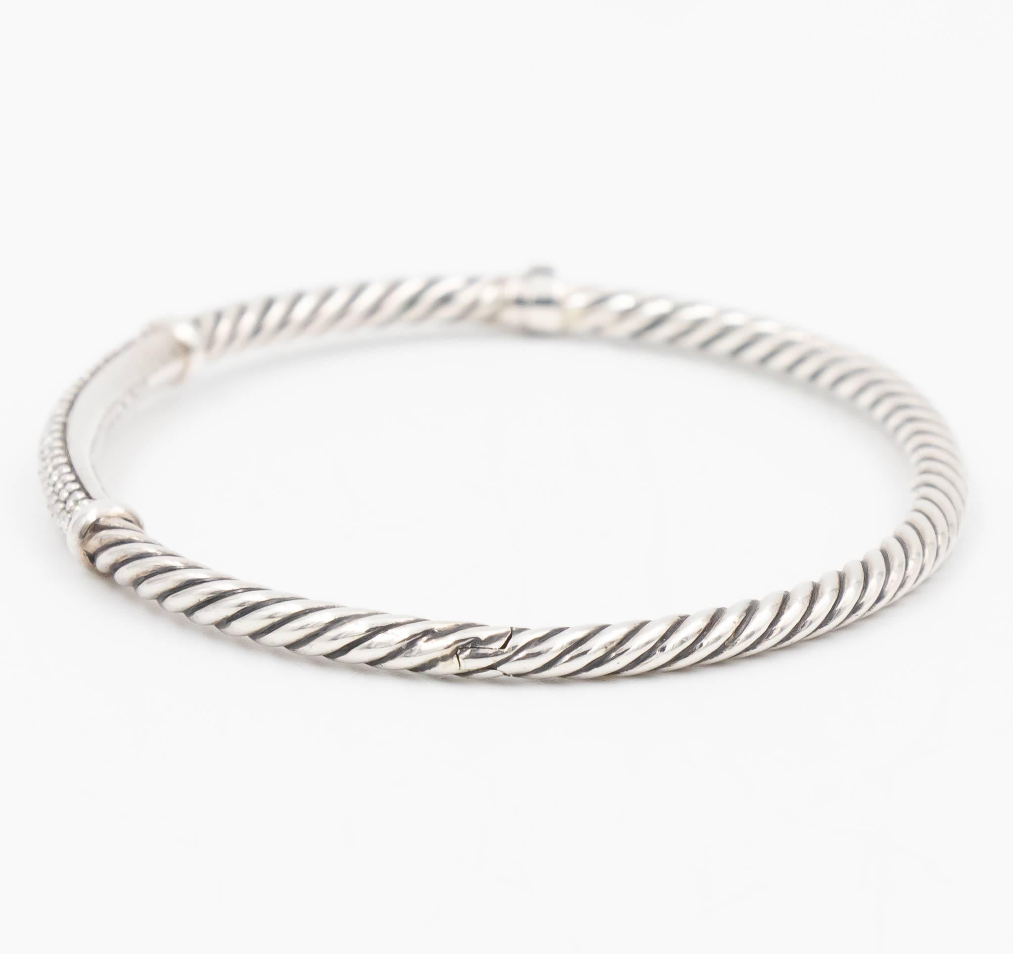 David Yurman Diamond Bar Bracelet, Cable Wrap Design, Silver 0.37 Carat 2