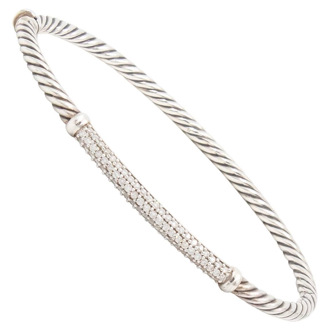 David Yurman Diamond Bar Bracelet, Cable Wrap Design, Silver 0.37 Carat