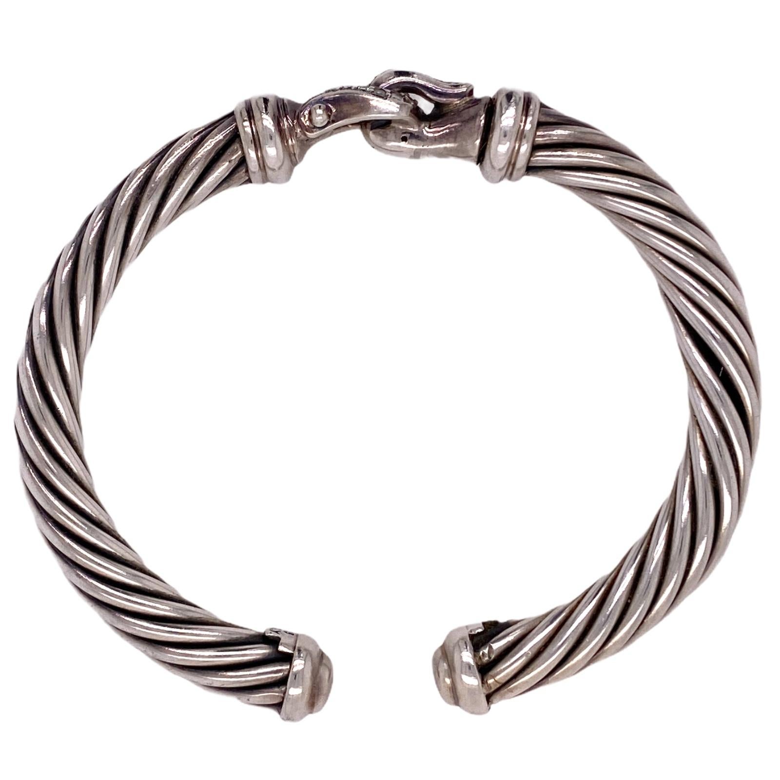 Modern David Yurman Diamond Buckle Hinged Cable Cuff Sterling Silver Bracelet