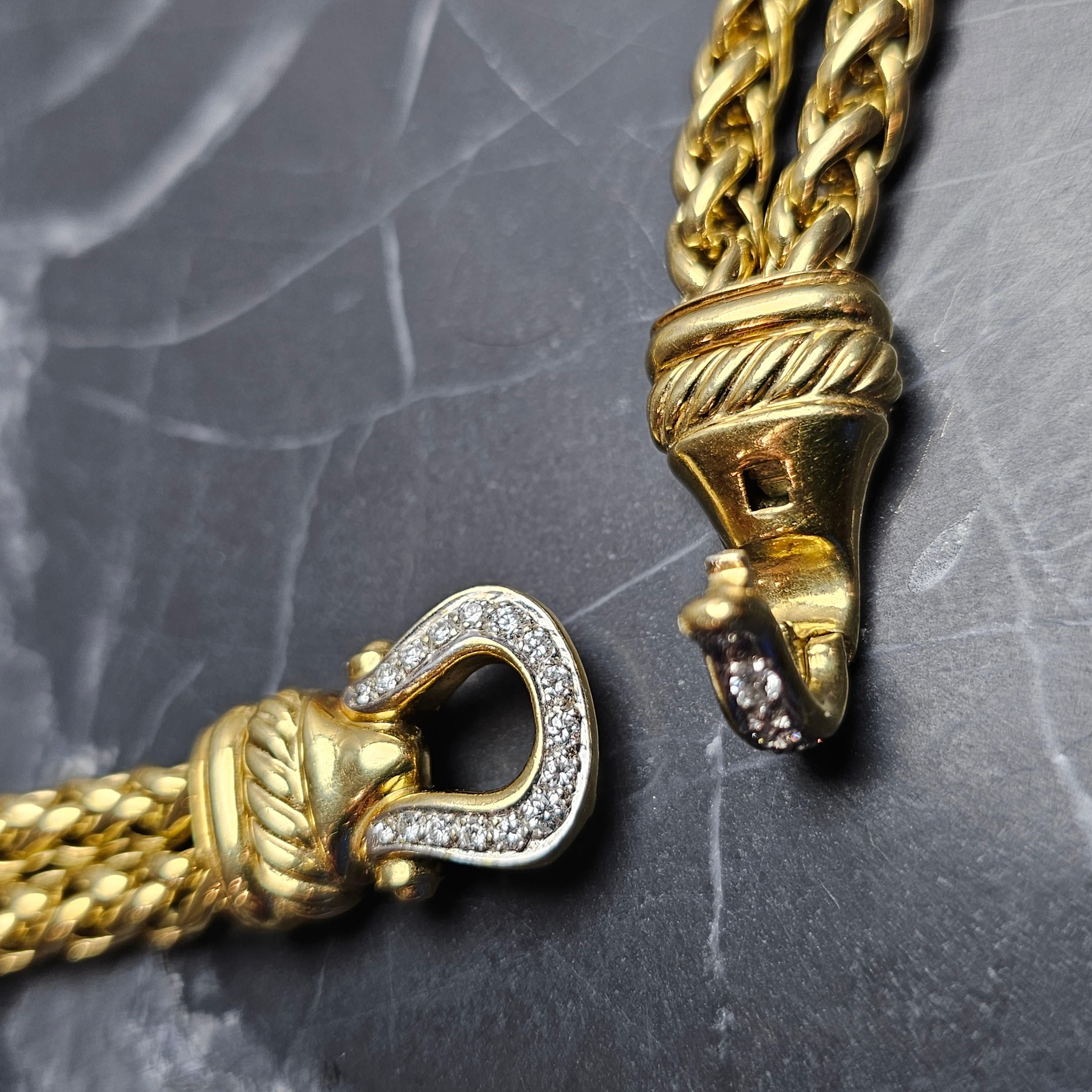 David Yurman Diamond Buckle Necklace Double Wheat Chain Pendant 18k Yellow Gold In Good Condition In Northbrook, IL