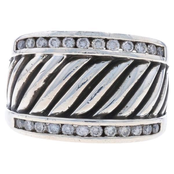 David Yurman Diamond Cable Cigar Band - Sterling Silver 925 Round Brilliant Ring
