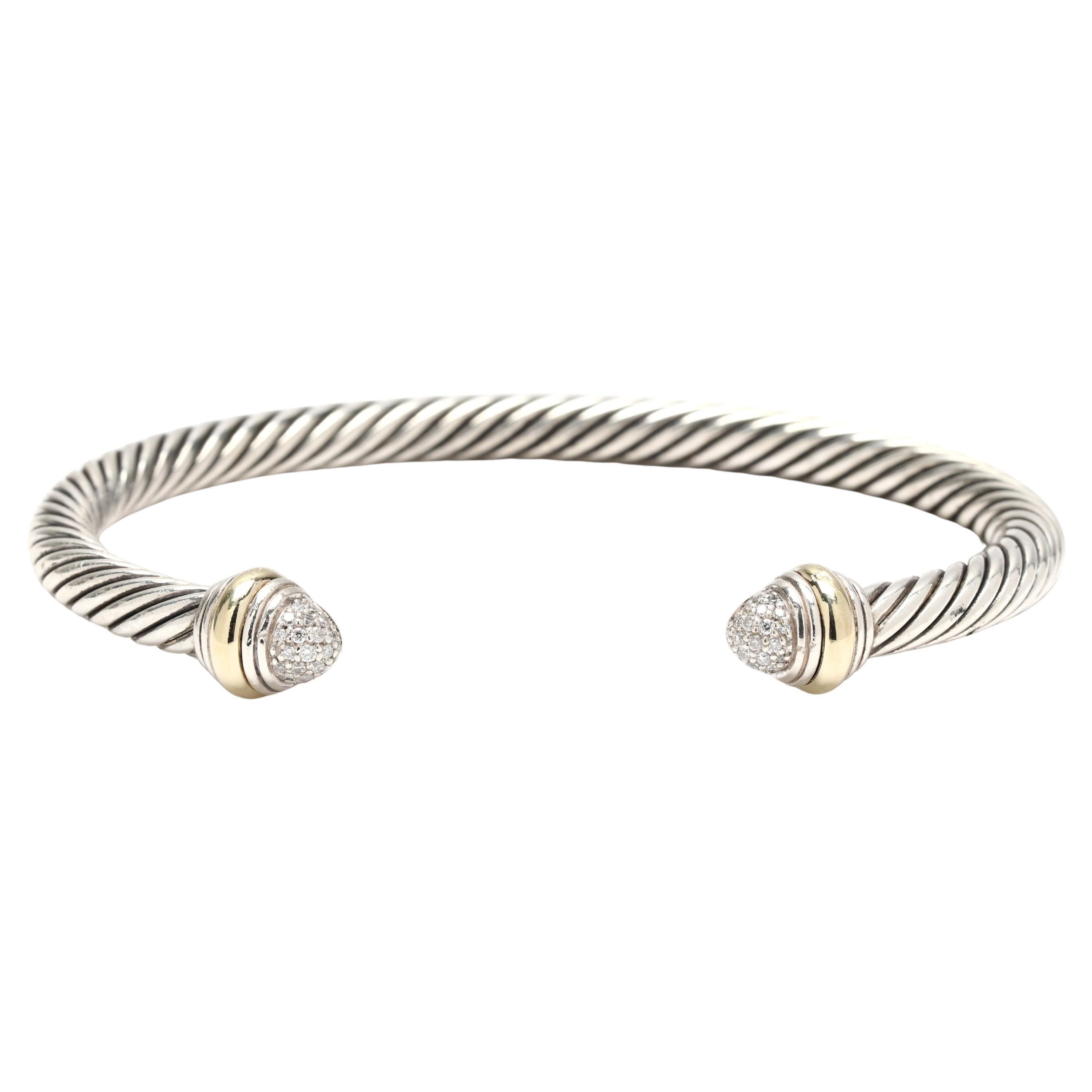 David Yurman Diamond Cable Classic Cuff, Sterling Silver, 14k Yellow Gold