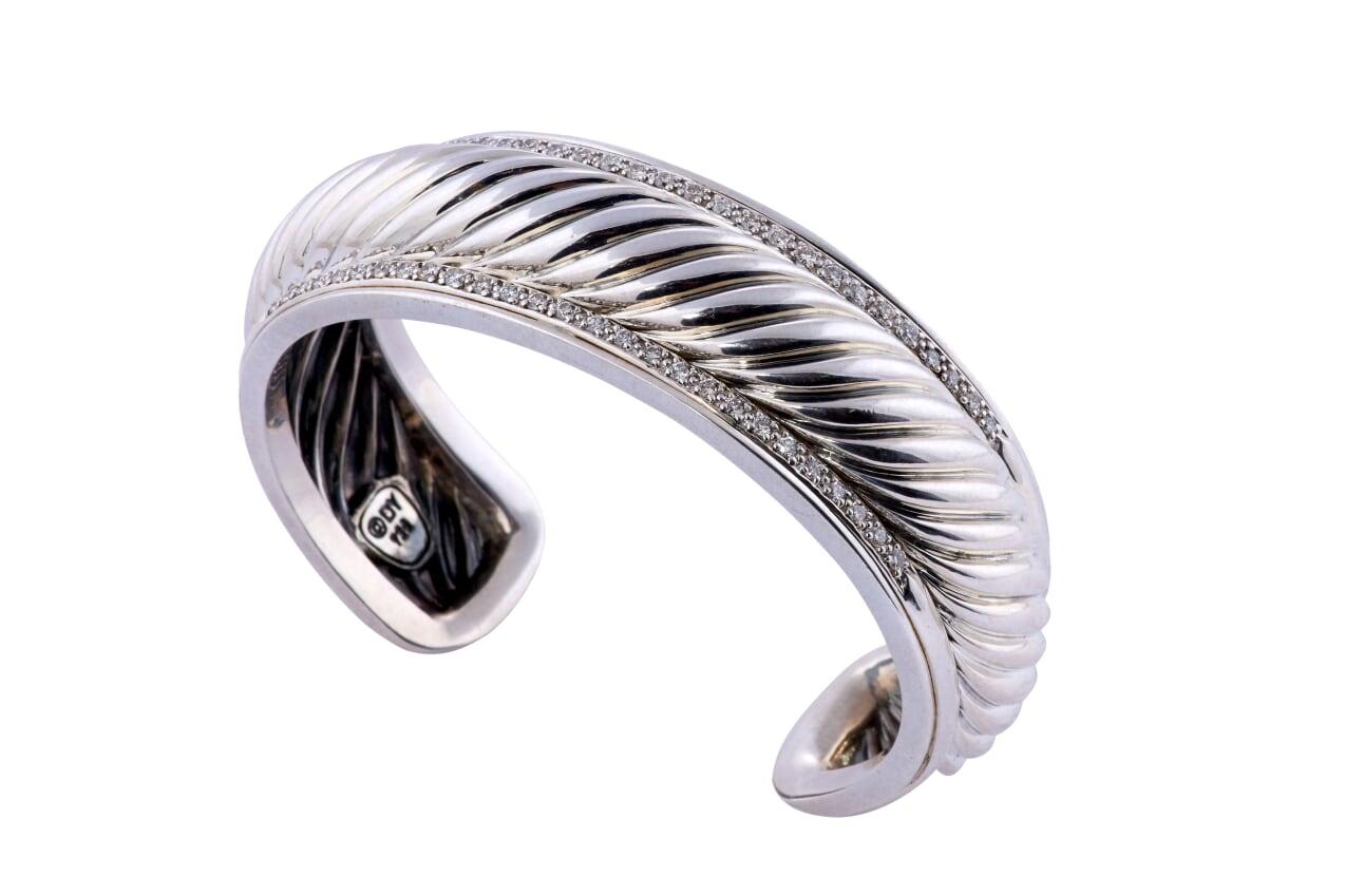 David Yurman sterling silver 925 and diamond large cable cuff with 2 rows of diamonds weighing approx 1ct/tw of SI quality and G-H. color.