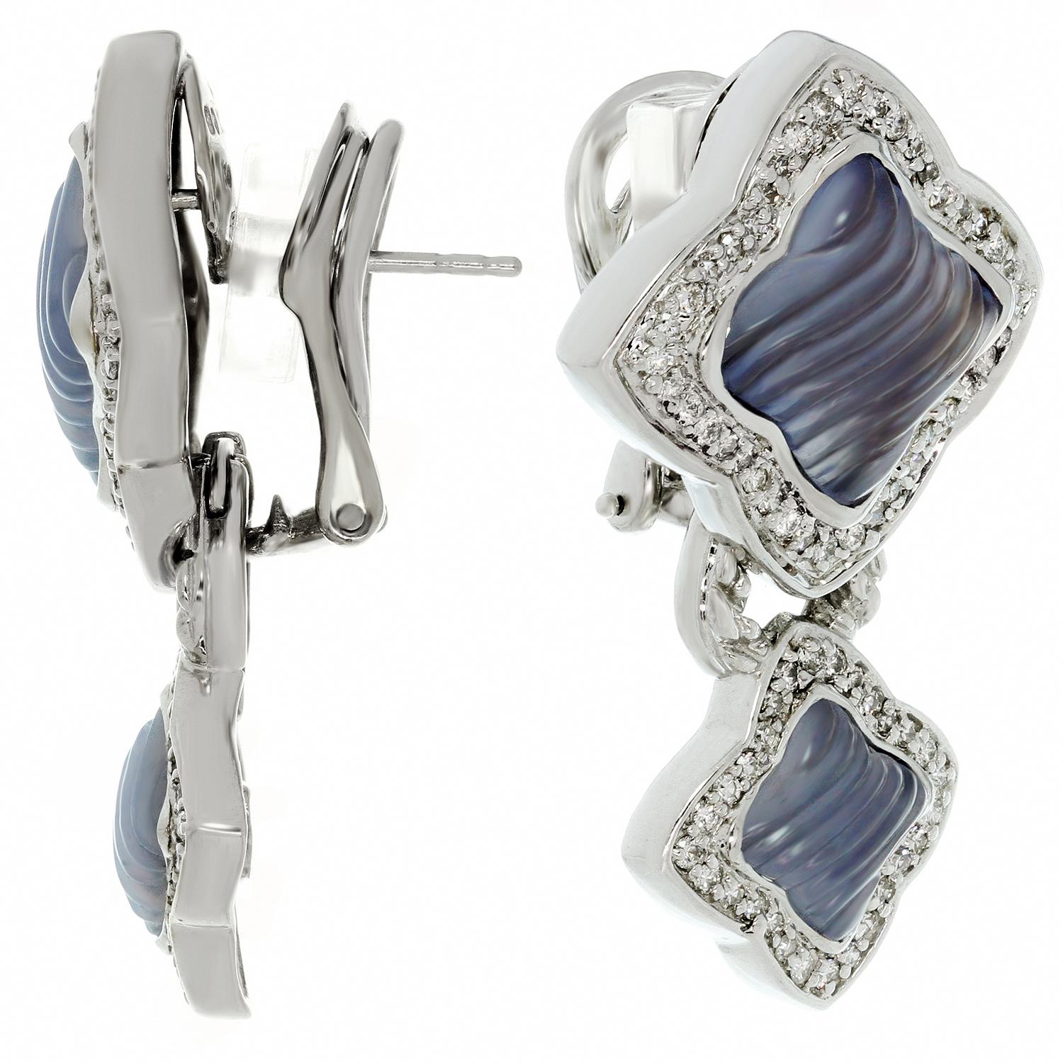 David Yurman Diamond Carved Chalcedony Quatrefoil White Gold Earrings In Good Condition In New York, NY