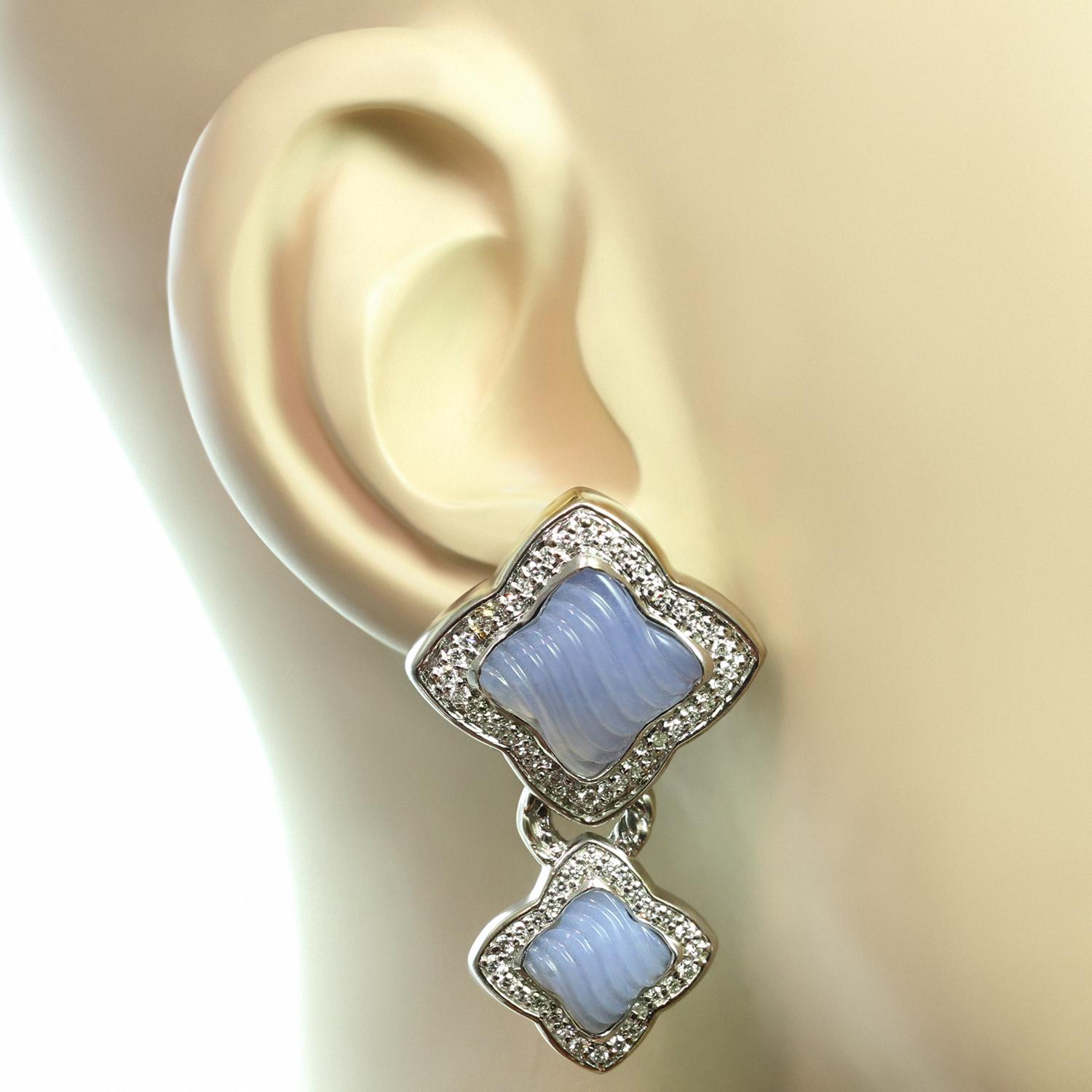 Women's David Yurman Diamond Carved Chalcedony Quatrefoil White Gold Earrings