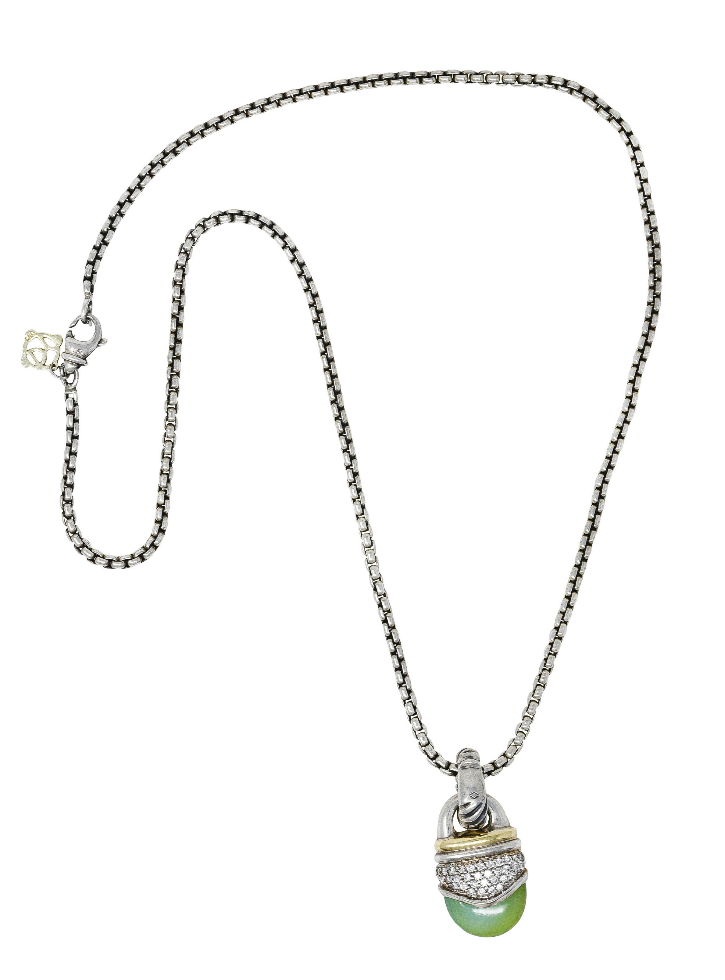 Necklace designed as gemstone drop enhancer pendant suspended from 2.0 mm box chain

Pendant features silver and gold banding above pave diamond mid-section

Diamonds are G/H in color with SI clarity - weighing approximately 0.33 carat

With