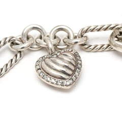David Yurman Diamond Classic Cable Heart Charm Bracelet, Sterling Silver