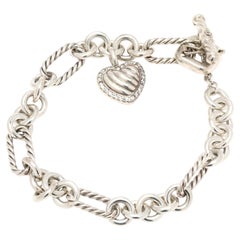 David Yurman Diamond Classic Cable Heart Charm Bracelet, Sterling Silver