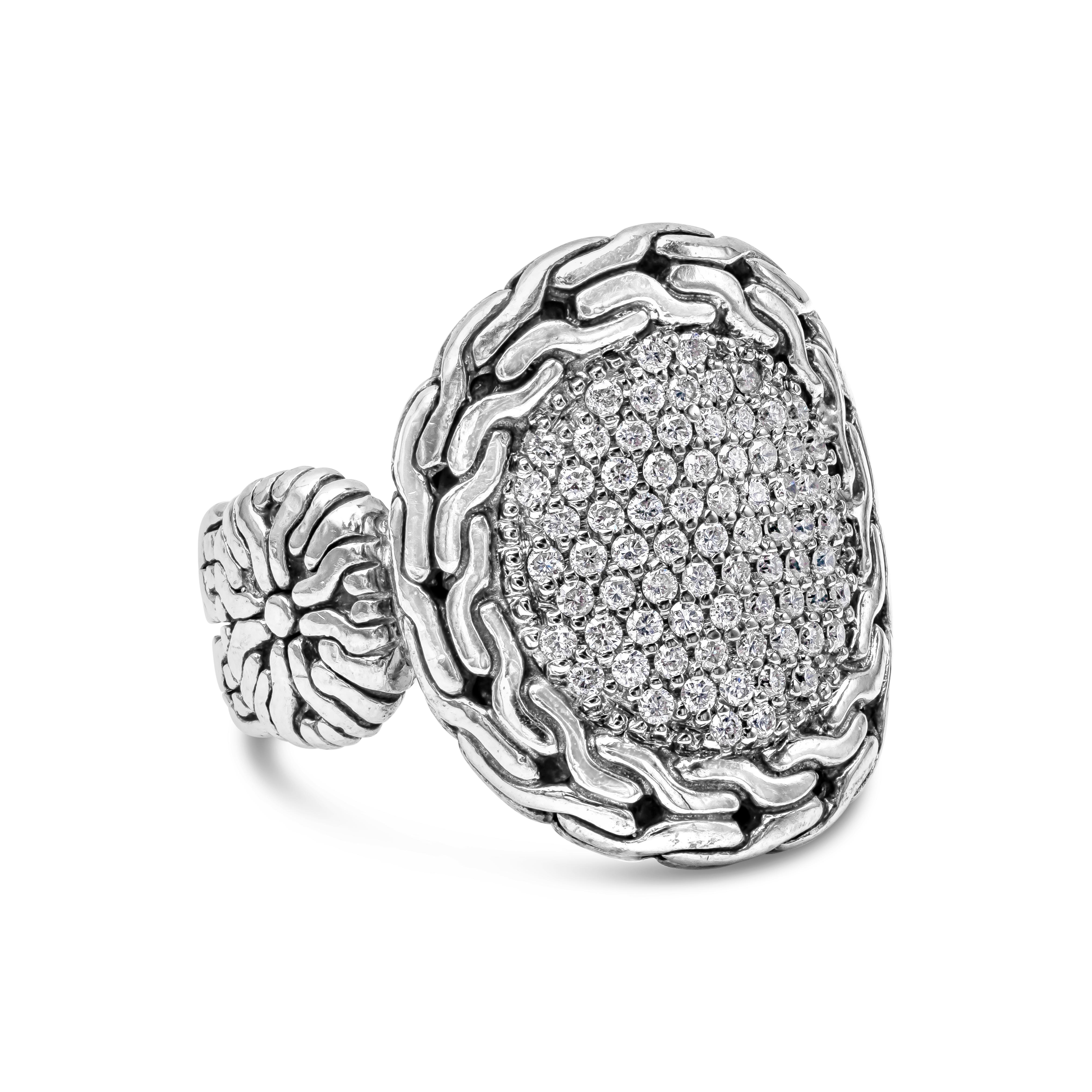 A fashionable ring showcasing a cluster of round brilliant diamonds, set in an intricately-designed mounting consisting of weaving lines. Diamonds weigh approximately 0.37 carats total and perfectly made in 18k white gold and silver. Size 6.5 US