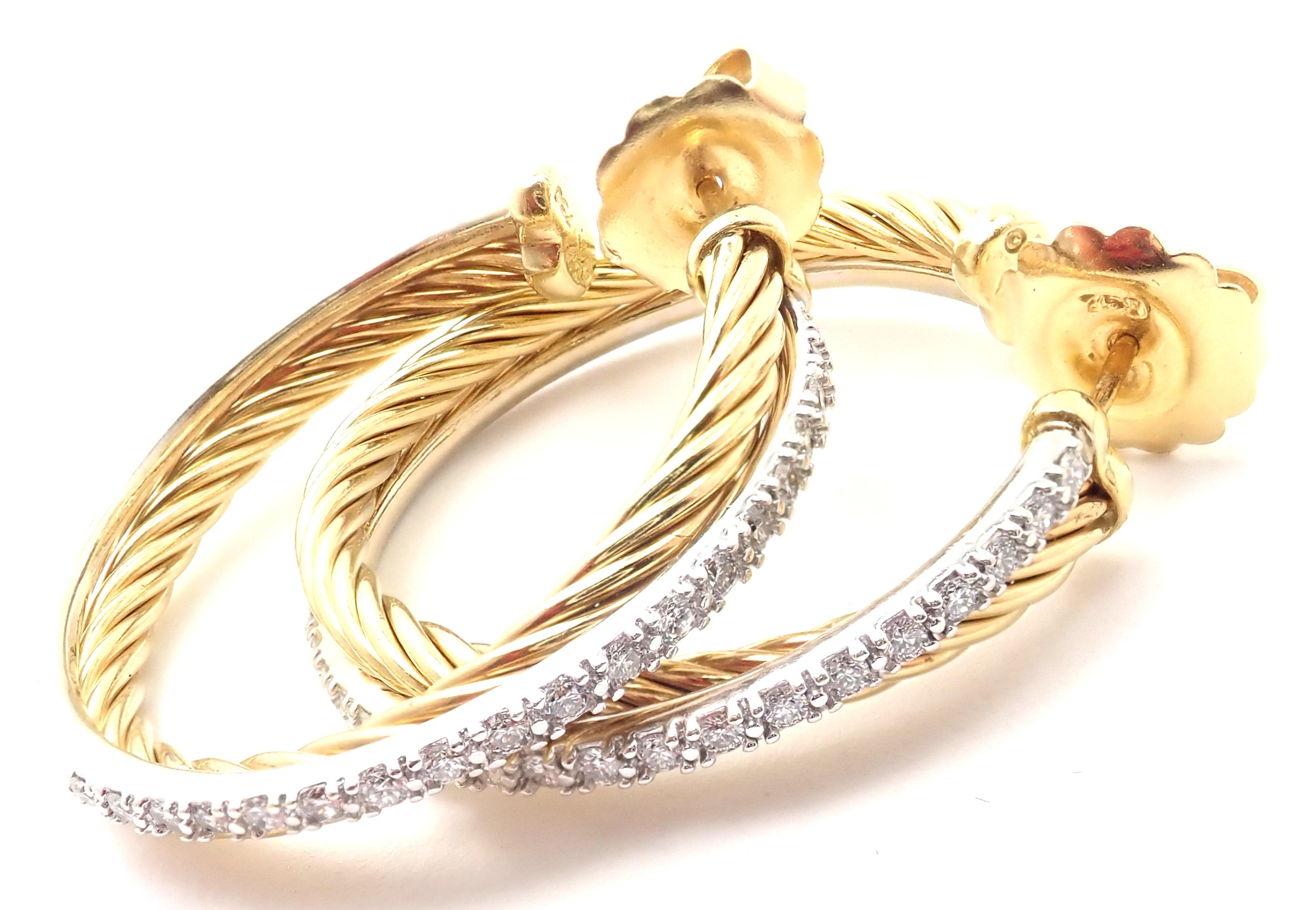 18k Yellow Gold Diamond Crossover Medium Size Hoop Earrings by David Yurman.
With 38 round brilliant cut diamonds SI1 clarity, G color total weight approx. .50ct
Details:
Measurements: 31mm
Weight: 13.5 grams
Stamped Hallmarks: DY 750
*Free Shipping