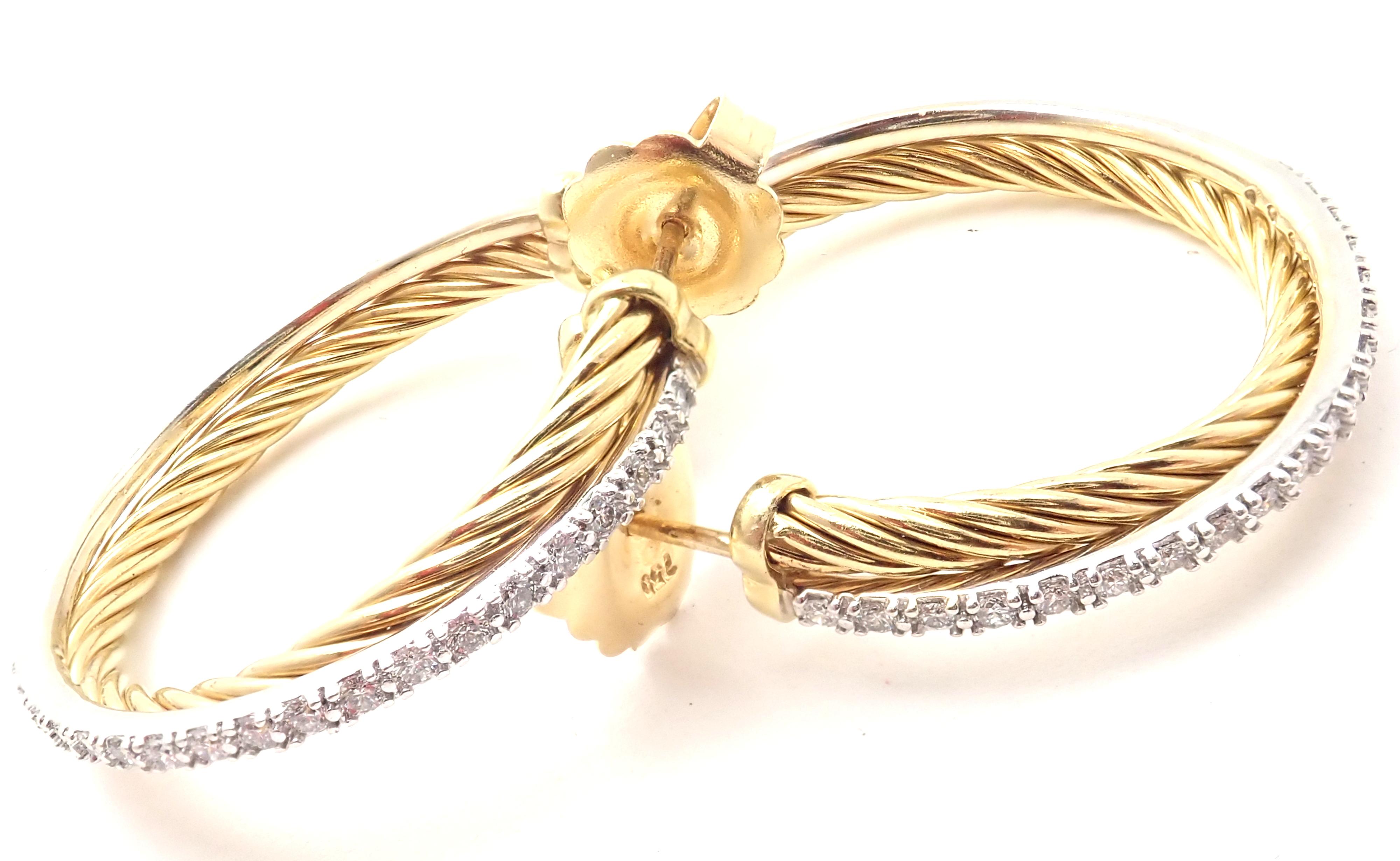 Brilliant Cut David Yurman Diamond Crossover Medium Size Yellow Gold Hoop Earrings