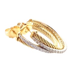 David Yurman Diamond Crossover Medium Size Yellow Gold Hoop Earrings