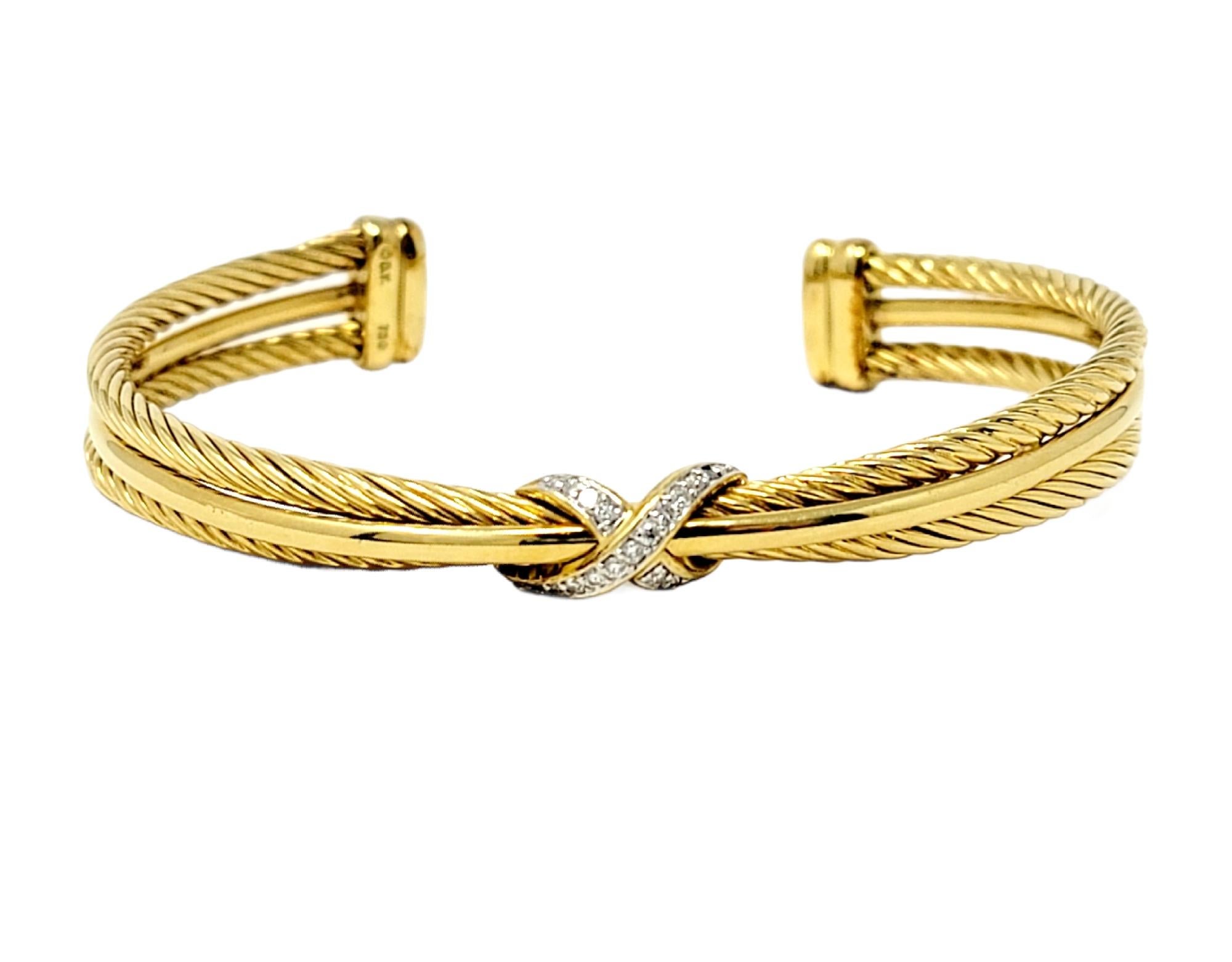 Contemporary David Yurman Diamond Crossover X Cable Cuff Bracelet in 18 Karat Yellow Gold For Sale