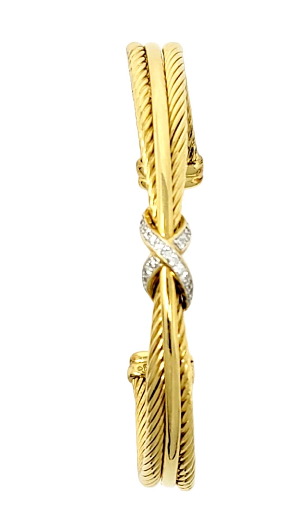 Round Cut David Yurman Diamond Crossover X Cable Cuff Bracelet in 18 Karat Yellow Gold For Sale