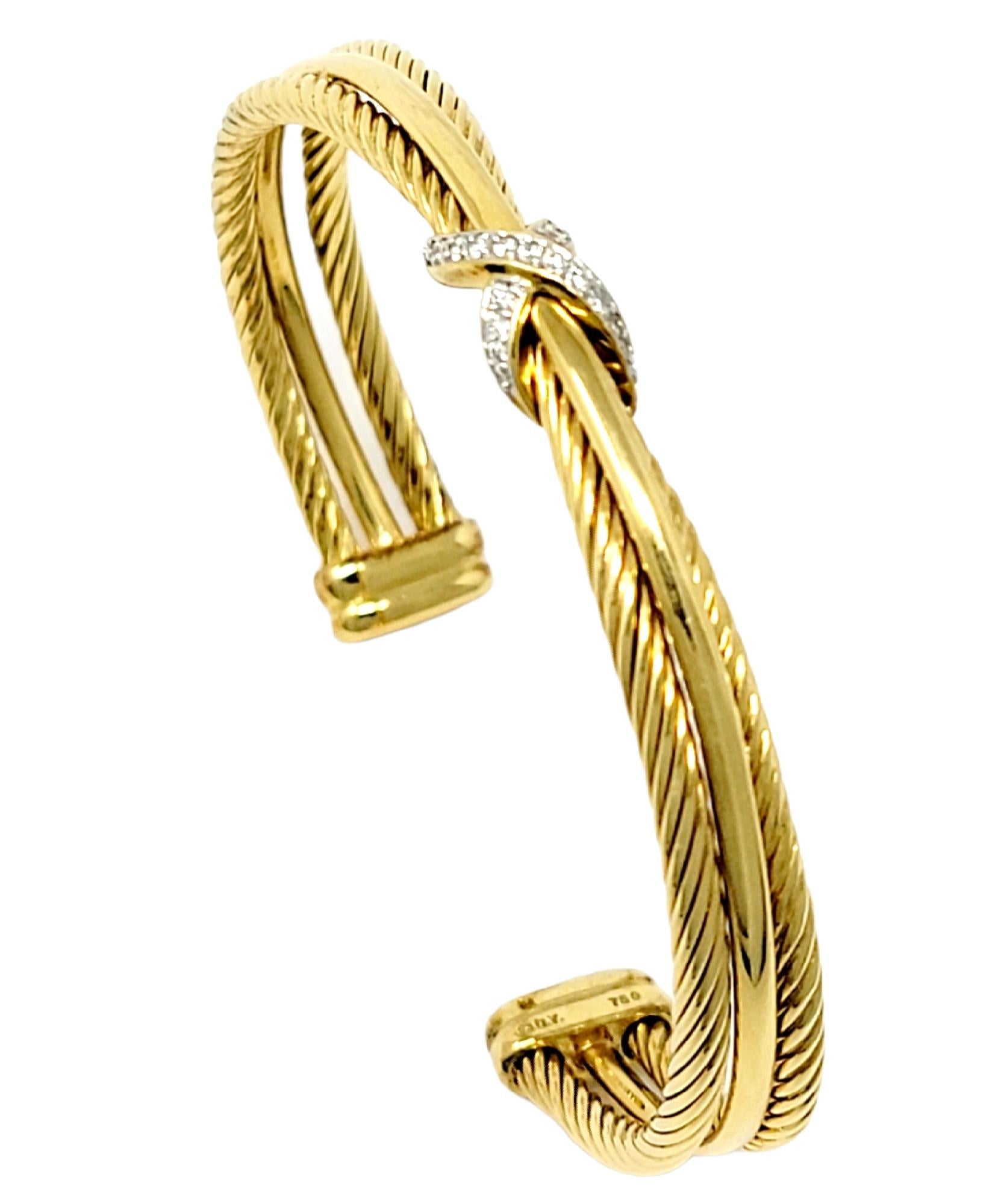 David Yurman Diamond Crossover X Cable Cuff Bracelet in 18 Karat Yellow Gold In Good Condition For Sale In Scottsdale, AZ
