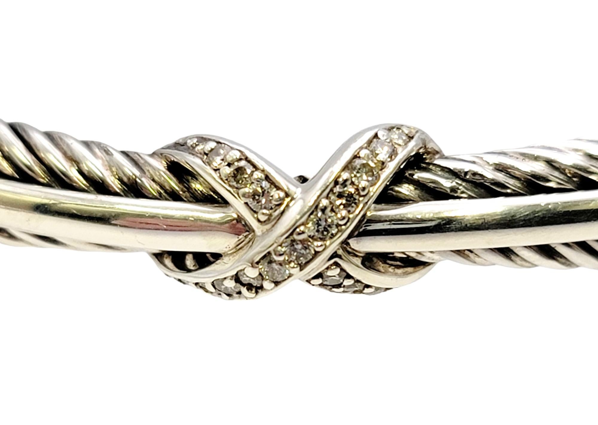 Contemporary David Yurman Diamond Crossover 'X' Cable Cuff Bracelet in Sterling Silver