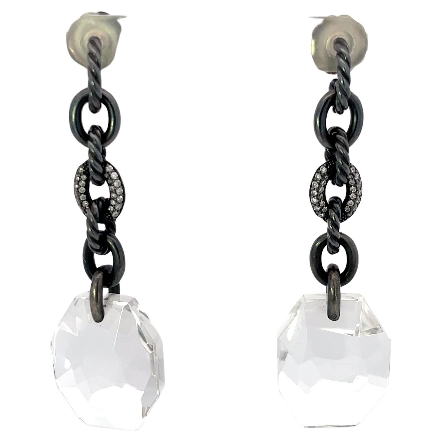 David Yurman Diamond & Crystal Link Earrings Darkened Sterling Silver