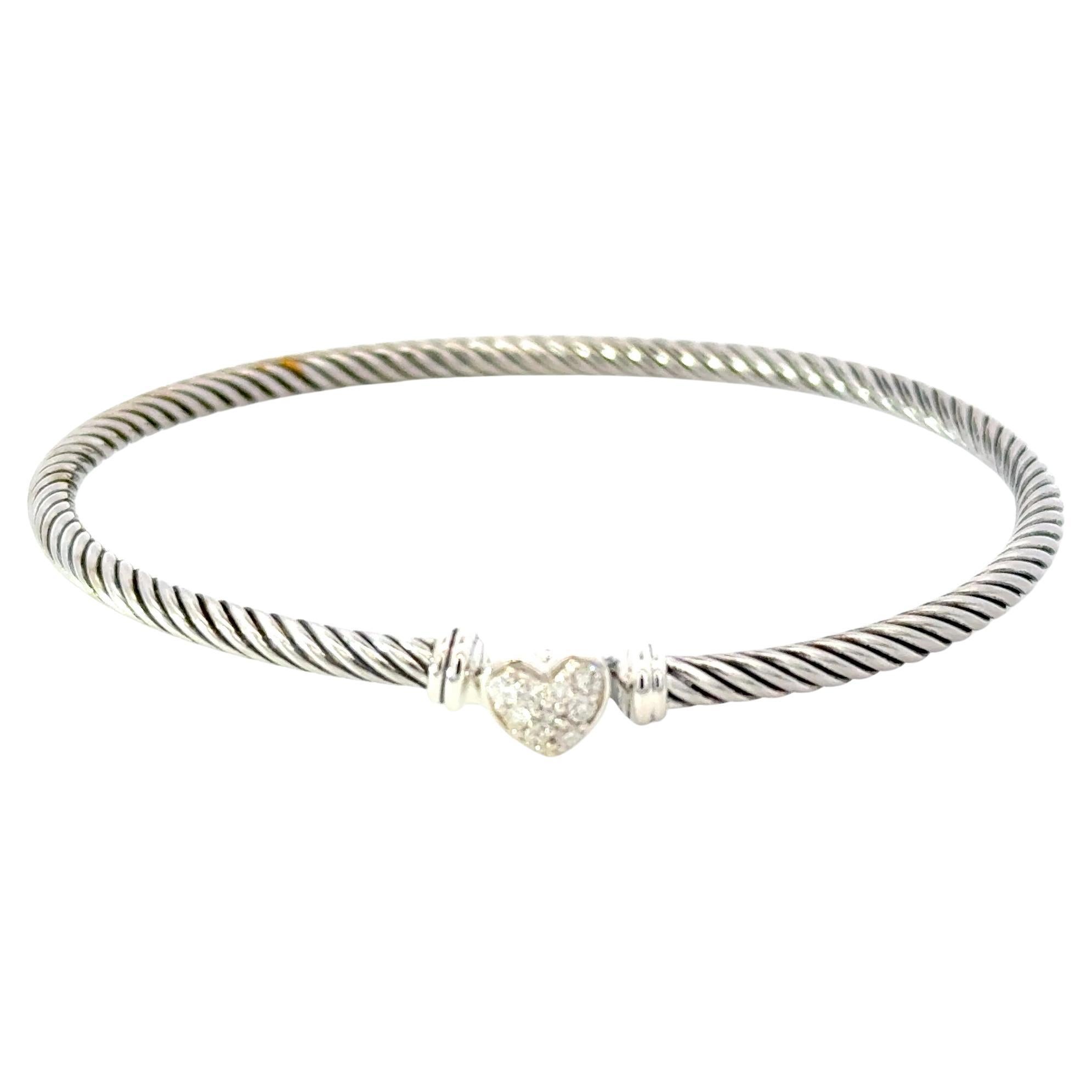 David Yurman Diamond Cuff Bracelet Size M 7.5" 3 mm Sterling Silver Estate