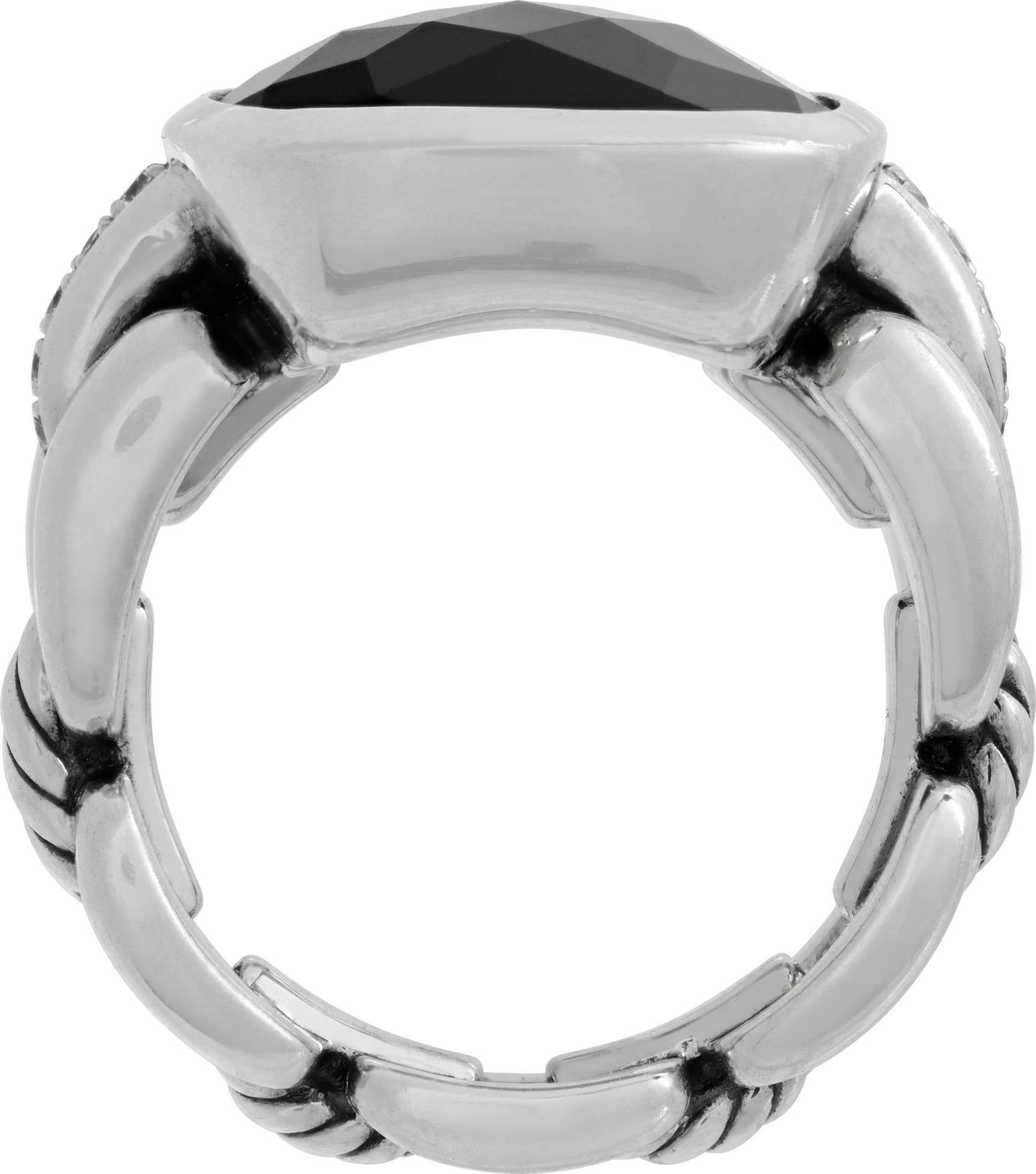 Women's David Yurman diamond cut Onyx ring in Sterling silver with diamonds on the side. For Sale