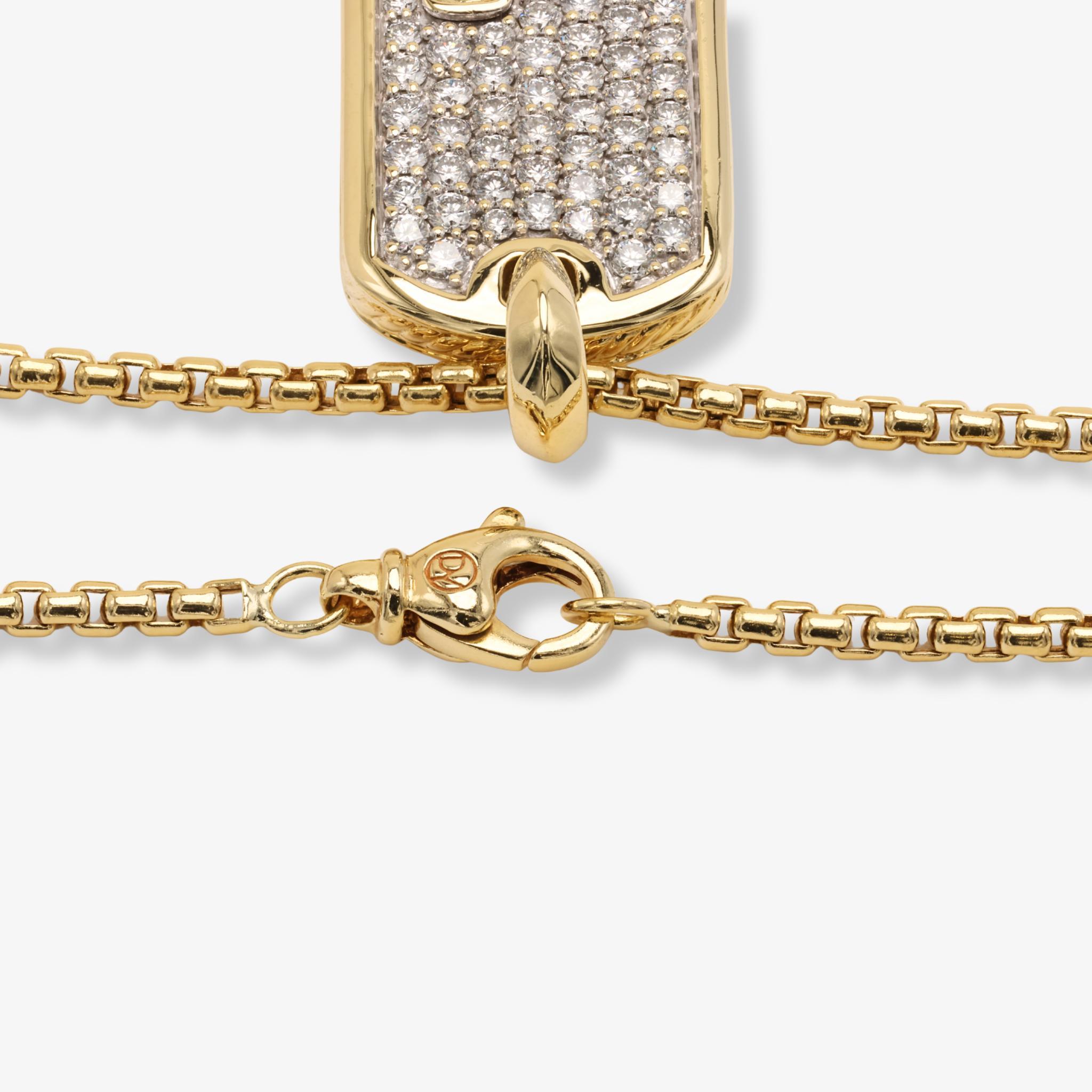 Round Cut David Yurman Diamond Dog Tag Pendant 35mm & Necklace 26in 18K Yellow Gold For Sale