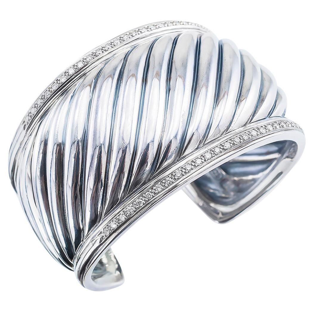 David Yurman Diamond Fluted Wide Sterling Silver Cuff Bracelet