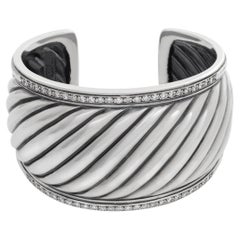 David Yurman Diamond Fluted Wide Sterling Silver Cuff Bracelet