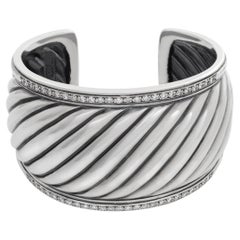 Vintage David Yurman Diamond Fluted Wide Sterling Silver Cuff Bracelet