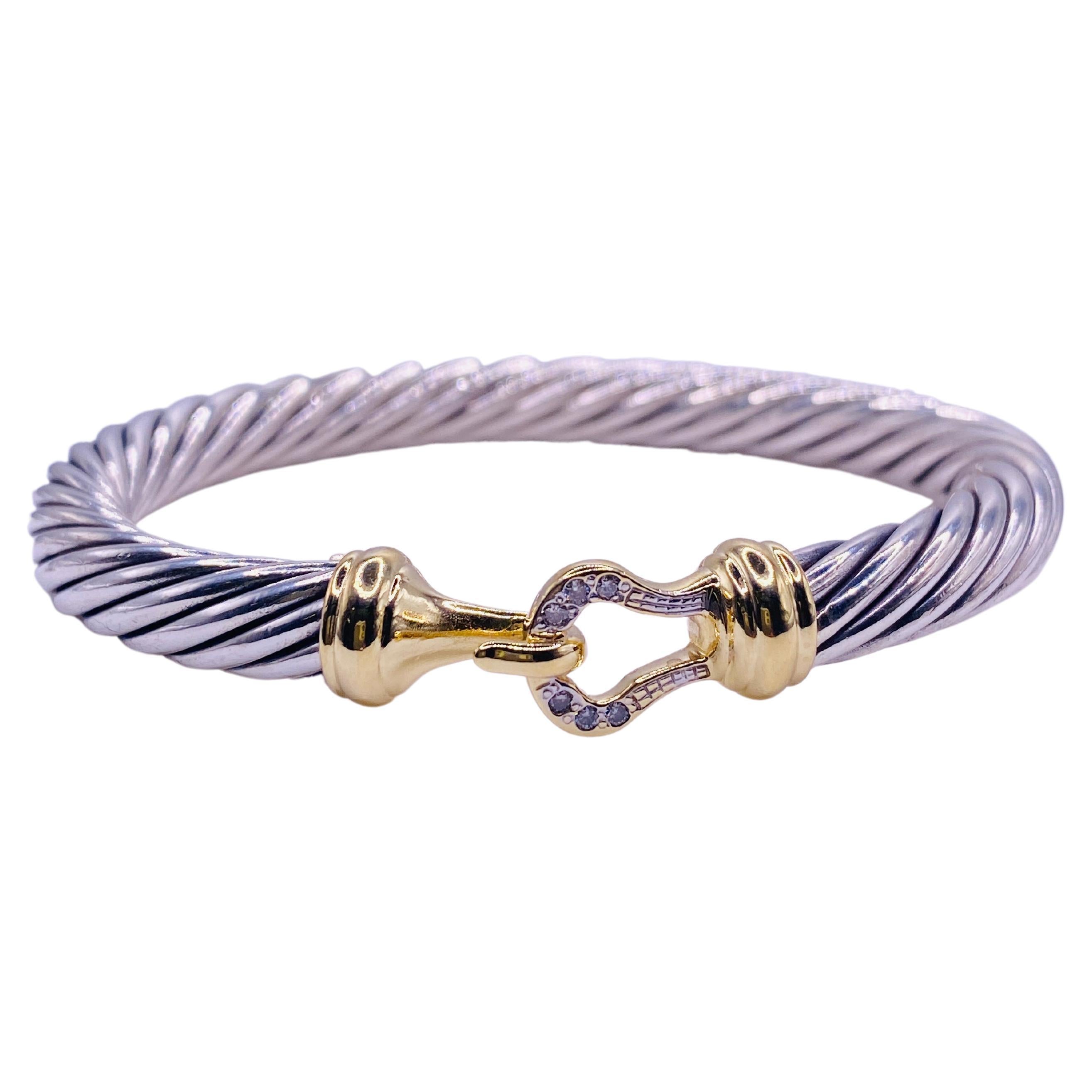 David Yurman 925 Sterling Silver and 18k Gold Diamond Hook Bangle