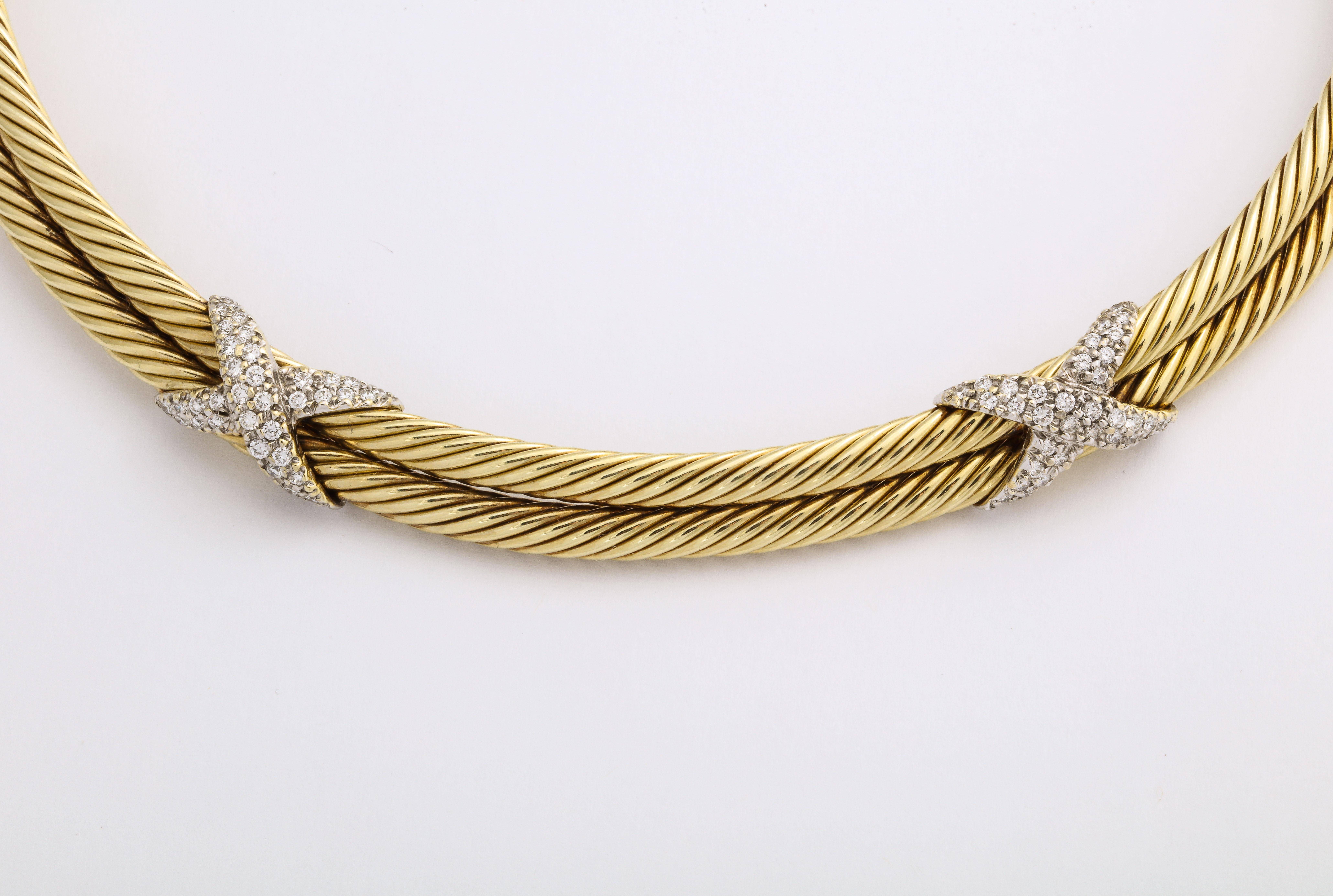 David Yurman Diamond Gold Rigid Collar Necklace In Excellent Condition In New York, NY