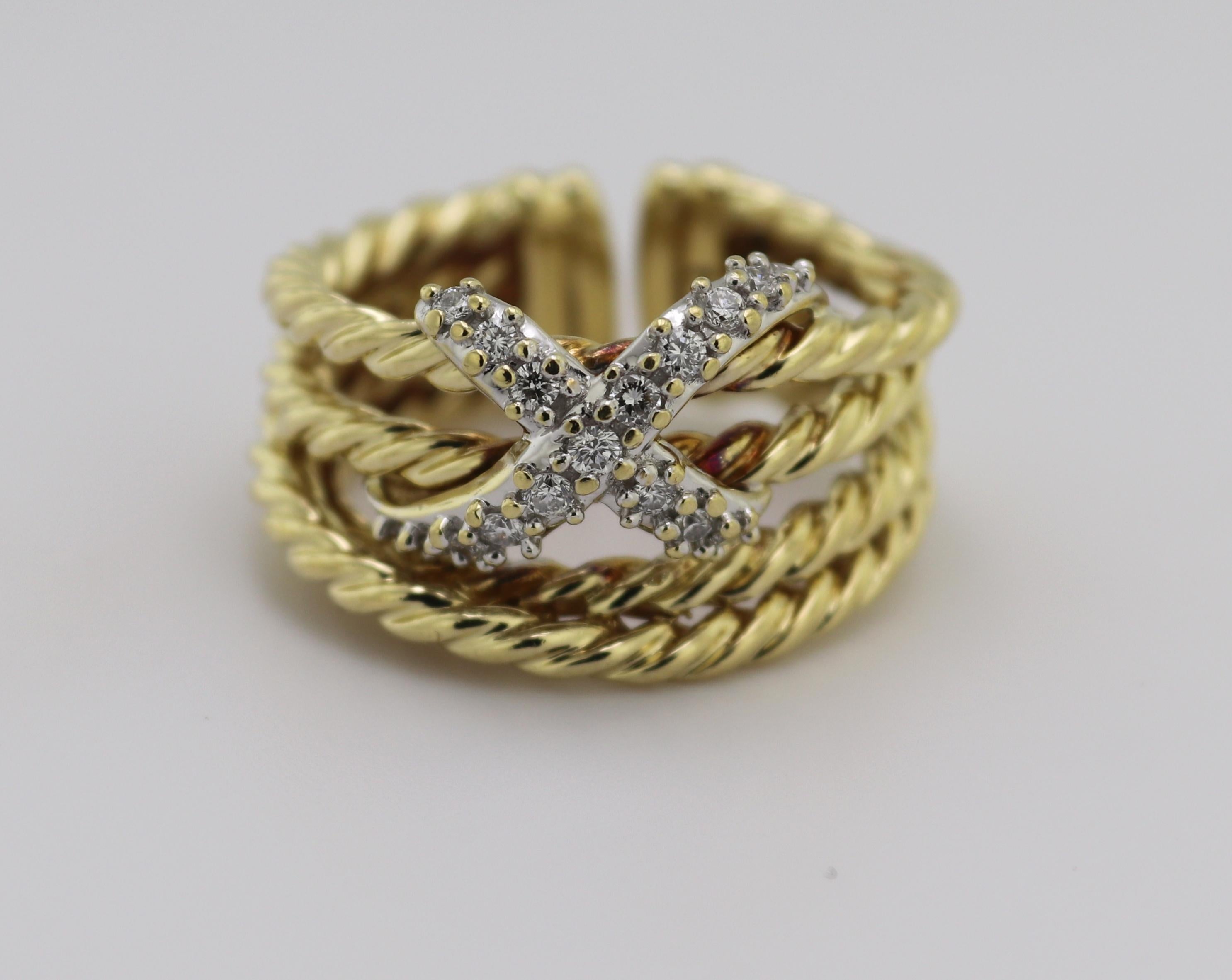 Artisan David Yurman Diamond Gold “X” Cross Over Band Ring For Sale
