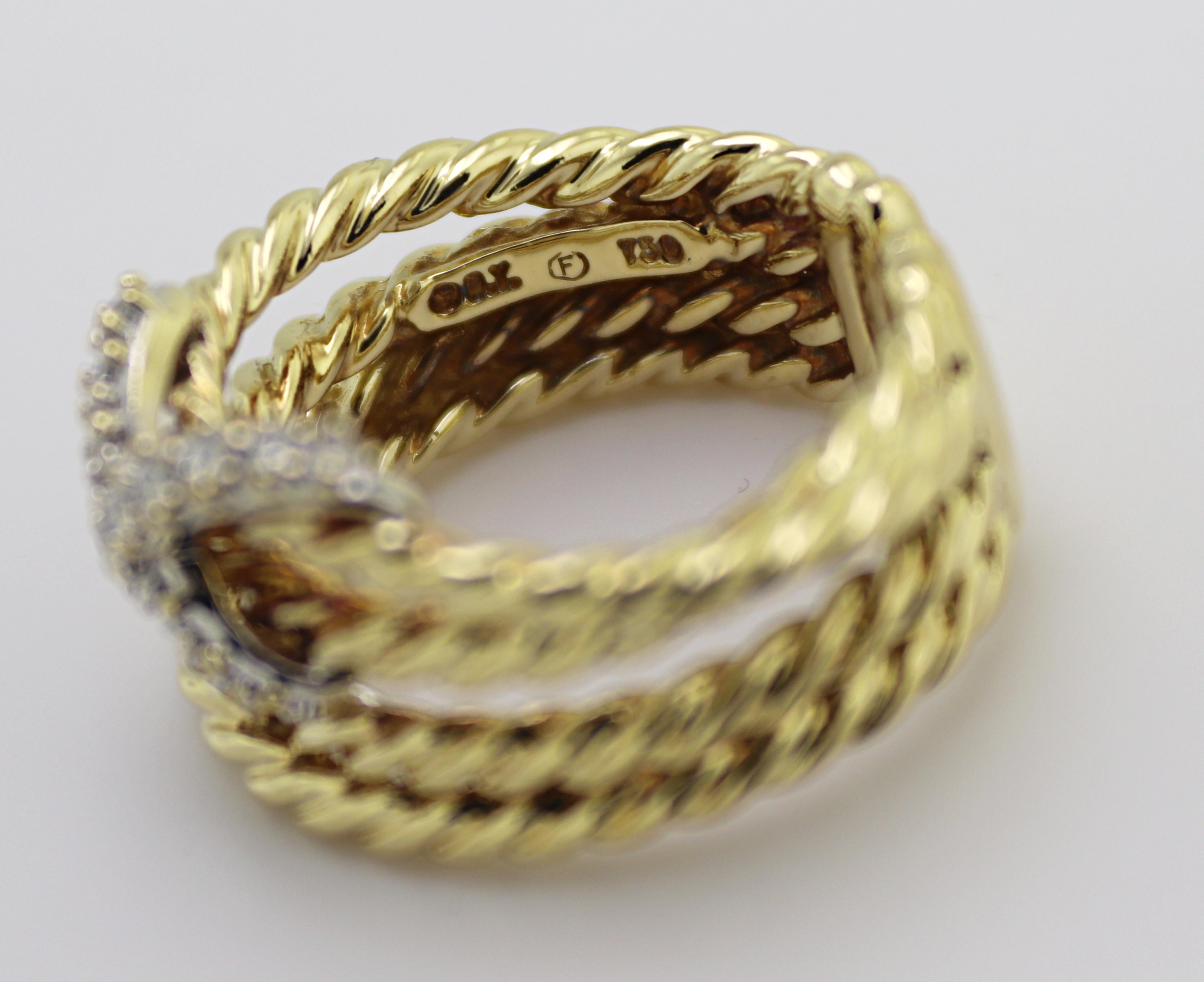 David Yurman Diamond Gold “X” Cross Over Band Ring In Excellent Condition For Sale In Pleasant Hill, CA