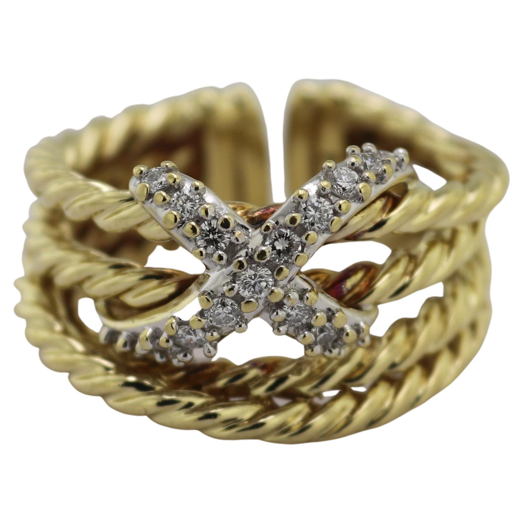 David Yurman Diamond Gold “X” Cross Over Band Ring For Sale