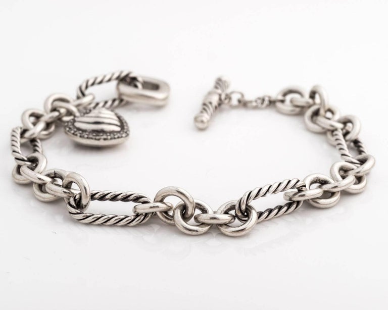 David Yurman Diamond Heart Charm Cable Bracelet in Sterling Silver For