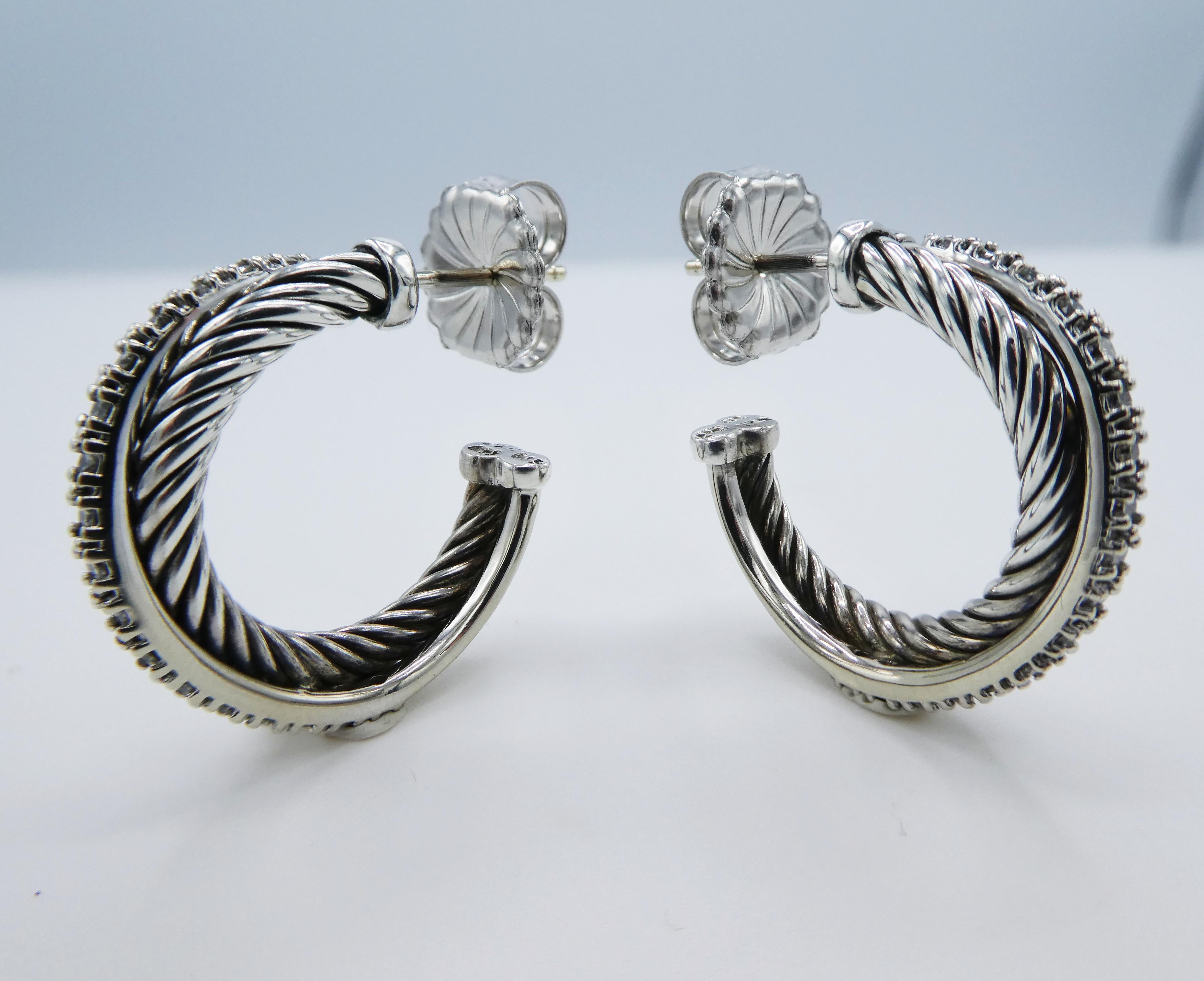 David Yurman Diamond Hoop Cable Crossover Earrings Sterling Silver & White Gold In Good Condition In  Baltimore, MD