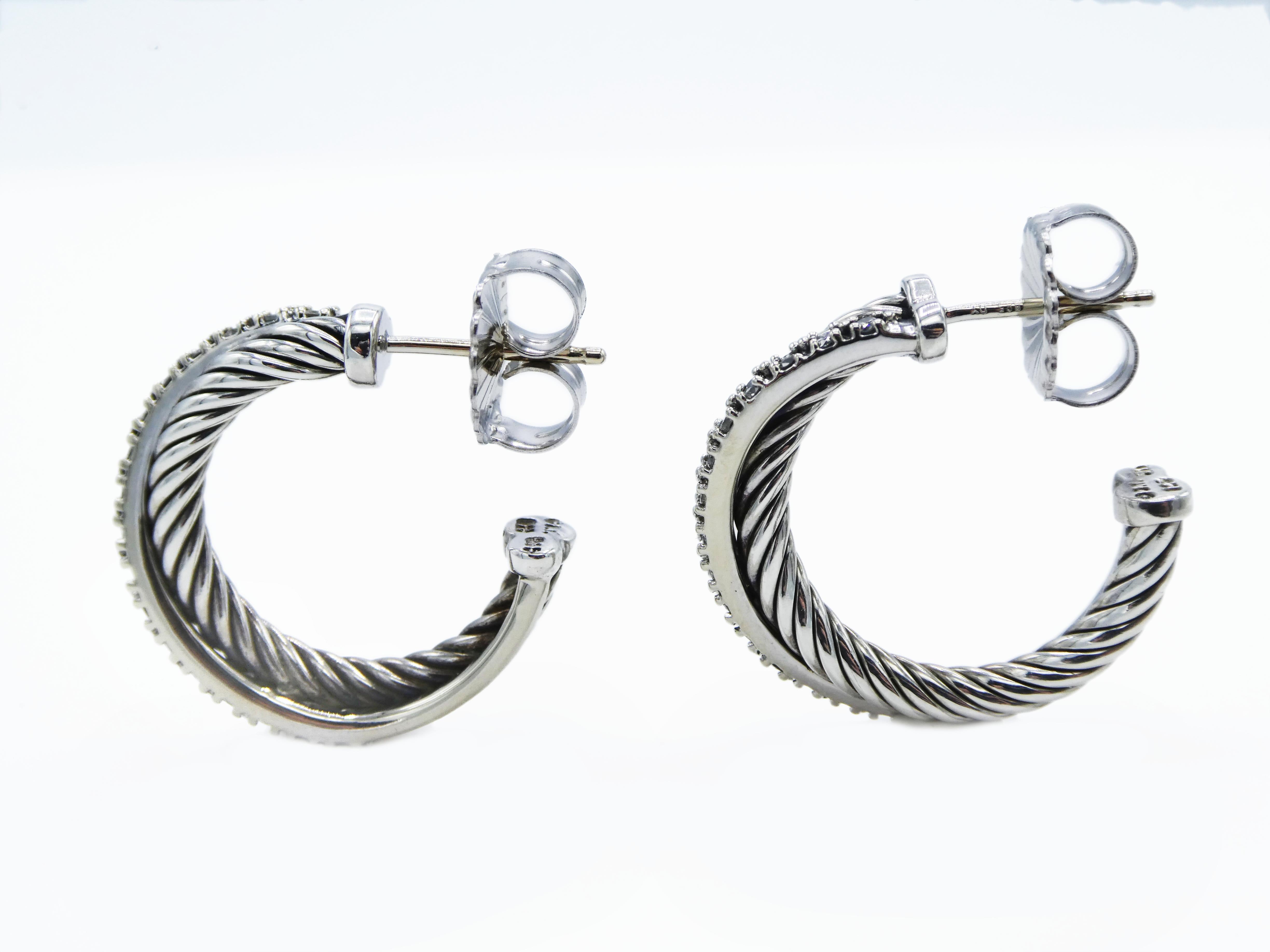 Women's or Men's David Yurman Diamond Hoop Cable Crossover Earrings Sterling Silver & White Gold