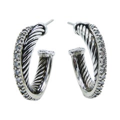David Yurman Diamond Hoop Cable Crossover Earrings Sterling Silver & White Gold