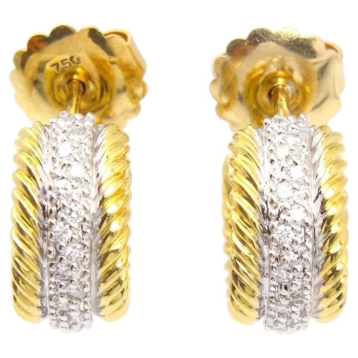 David Yurman Diamond Huggie Hoop Earrings 0.25 CT 18K Gold Cable Design en vente