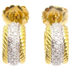 David Yurman Diamond Huggie Hoop Earrings 0.25 CT 18K Gold Cable Design