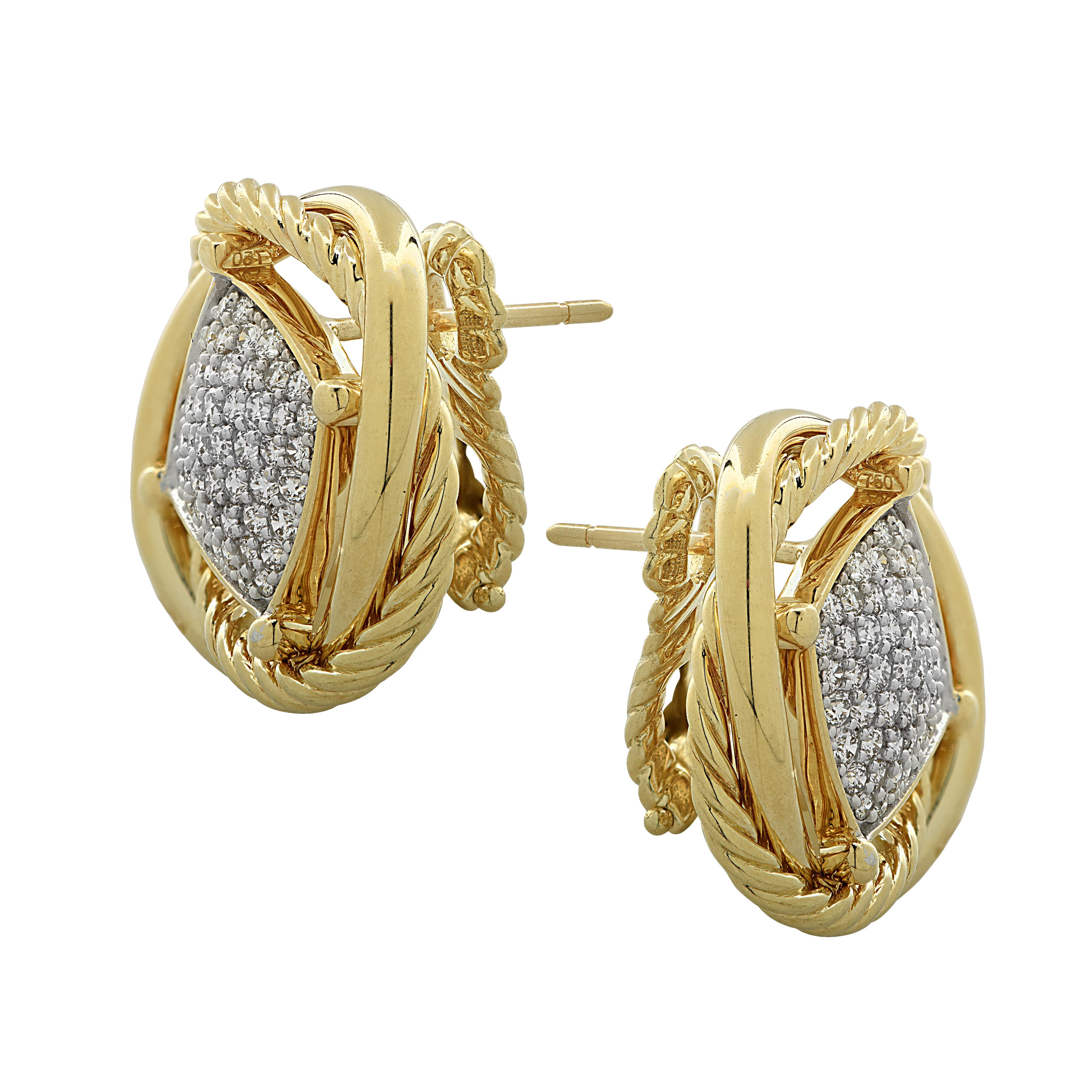 Gorgeous David Yurman Infinity earrings crafted in 18 karat yellow and white gold, featuring 90 round brilliant cut diamonds weighing approximately 1.5 carats total, D-F color, VS clarity. The diamonds are pave set in a square design, floating