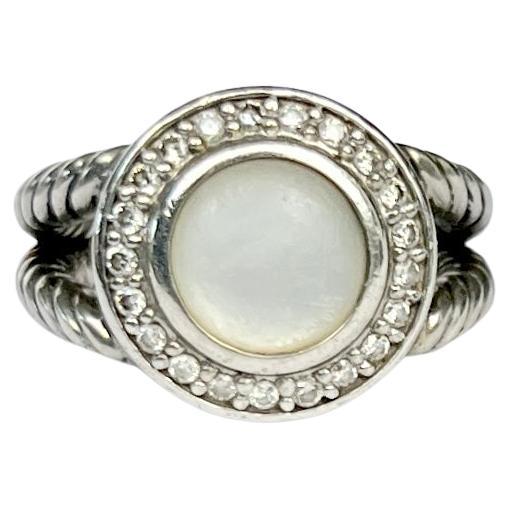 David Yurman Diamond Mother of Pearl Silver Cable Ring For Sale