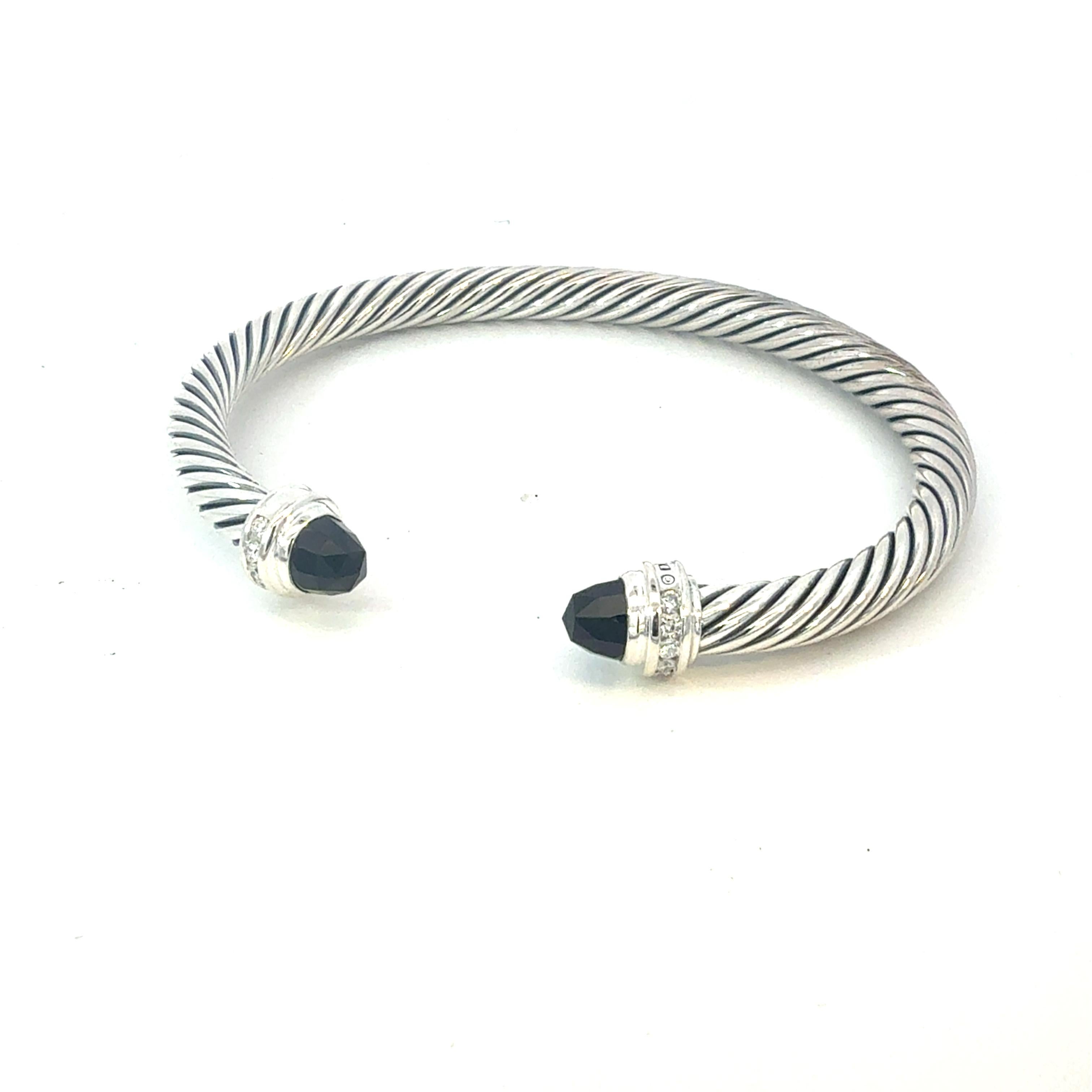 David Yurman Diamond Onyx Cable Cuff Bracelet 5 mm Size M Silver Estate en Bueno estado para la venta en Brooklyn, NY